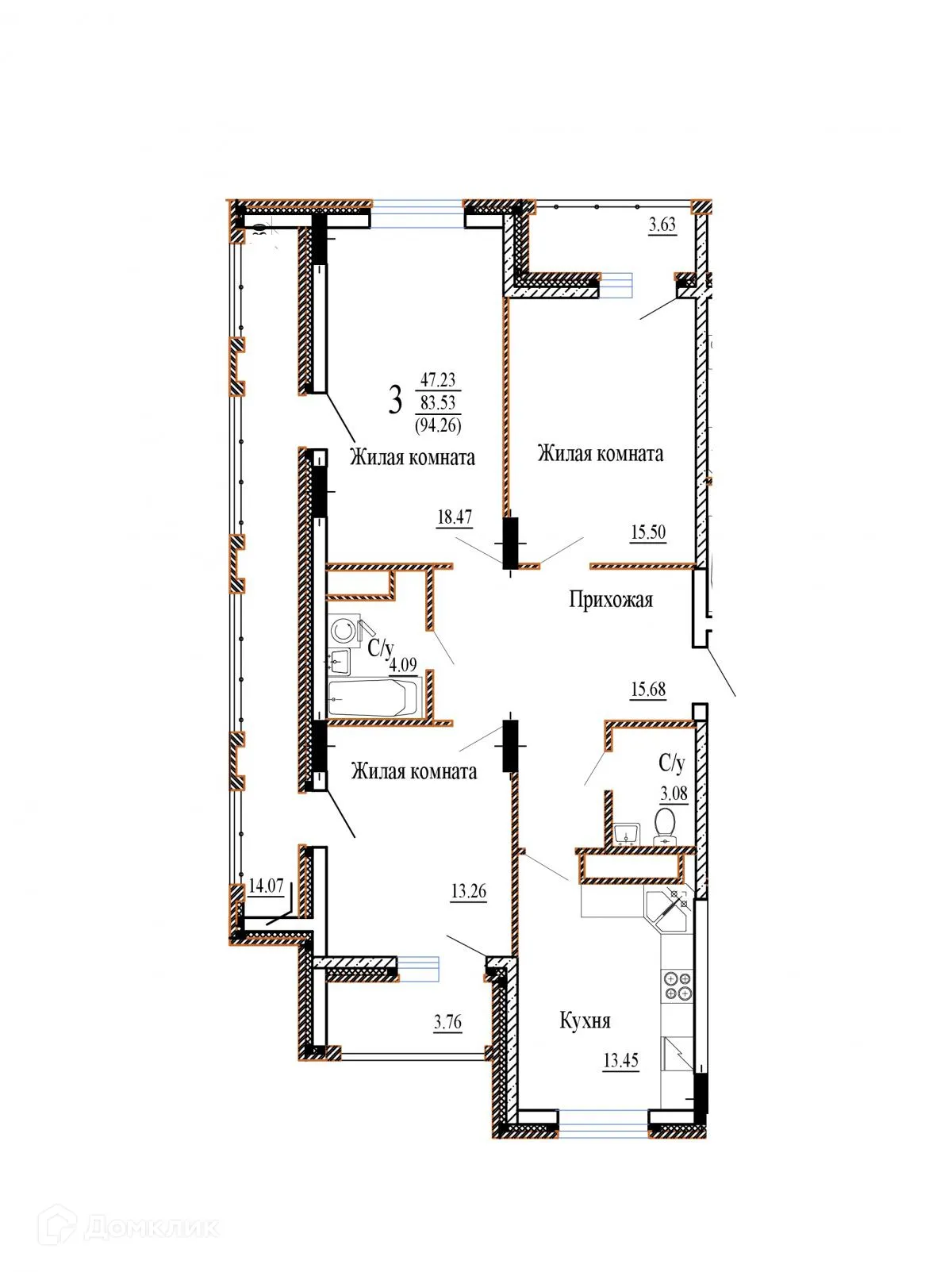 Планировка 3-комнатной квартиры 94.26 м² в ЖК НОВЫЙ СОЛНЕЧНЫЙ, г. Воронеж — фото 1