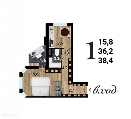 Планировка 1-комнатной квартиры 38.94 м² в ЖК "8 Элемент", г. Воронеж — фото 1
