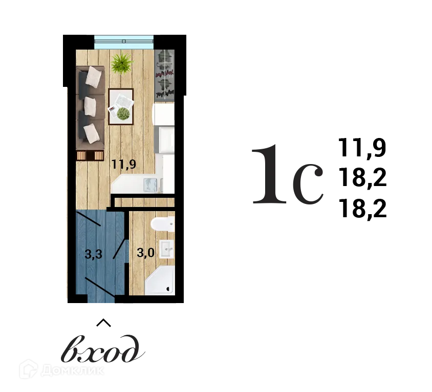 Планировка студии квартиры 18.25 м² в ЖК "8 Элемент", г. Воронеж — фото 1