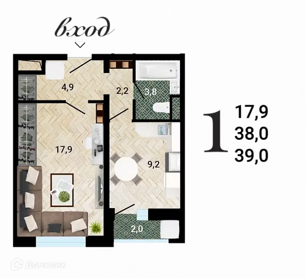 Планировка 1-комнатной квартиры 38.6 м² в ЖК "8 Элемент", г. Воронеж — фото 1