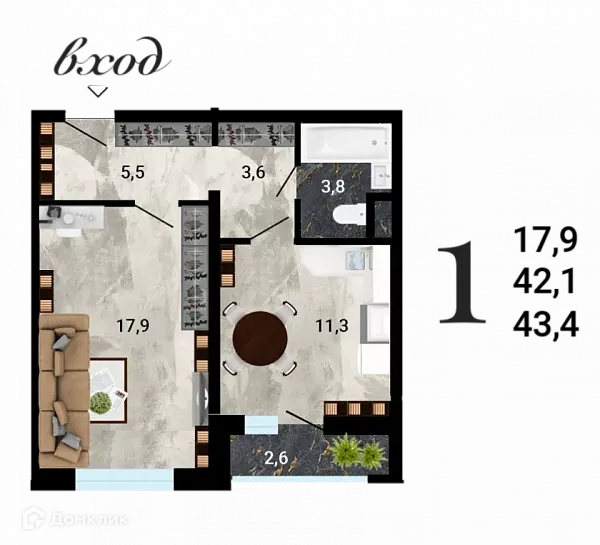 Планировка 1-комнатной квартиры 43.1 м² в ЖК "8 Элемент", г. Воронеж — фото 1