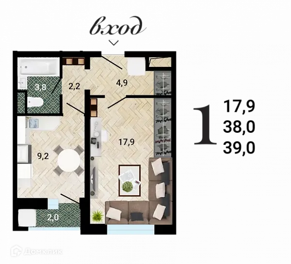 Планировка 1-комнатной квартиры 38.9 м² в ЖК "8 Элемент", г. Воронеж — фото 1