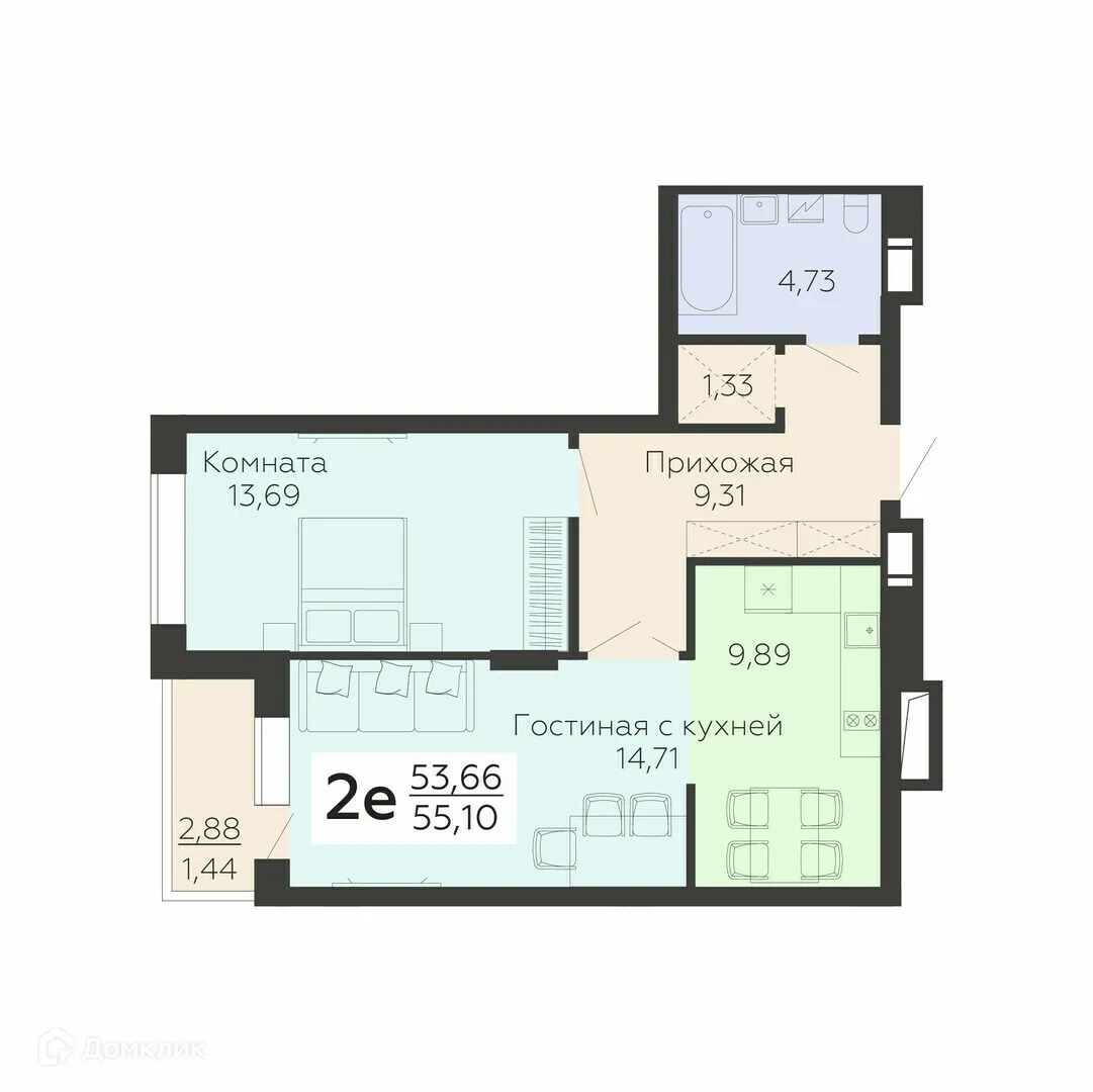 Планировка 2-комнатной квартиры 55.1 м² в ЖК "Молодежный", г. Воронеж — фото 1