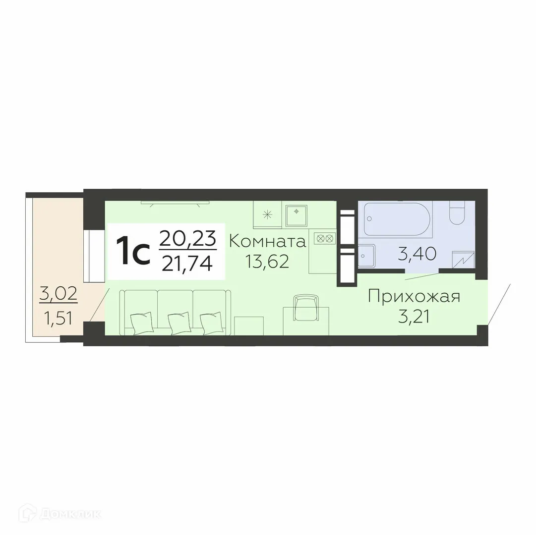 Планировка 1-комнатной квартиры 21.74 м² в ЖК "Молодежный", г. Воронеж — фото 1