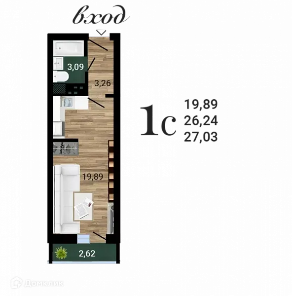 Планировка студии квартиры 27.03 м² в ЖК Навигатор, г. Воронеж — фото 1