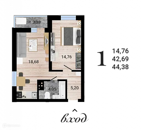 Планировка 1-комнатной квартиры 44.38 м² в ЖК Навигатор, г. Воронеж — фото 1