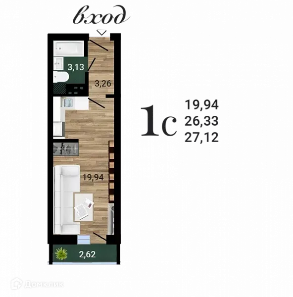 Планировка студии квартиры 27.12 м² в ЖК Навигатор, г. Воронеж — фото 1
