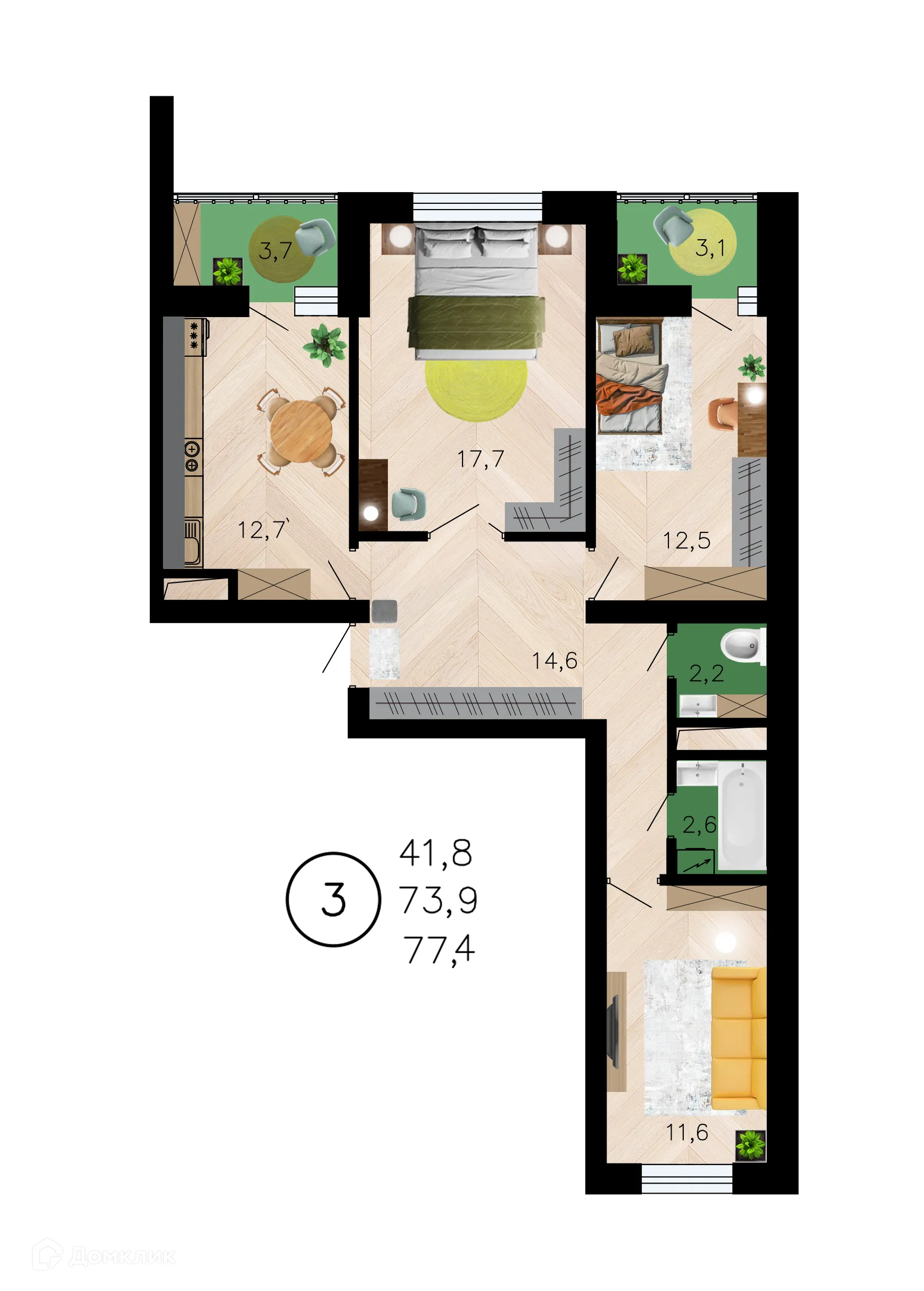 Планировка 3-комнатной квартиры 77.4 м² в ЖК Лето, г. Воронеж — фото 1