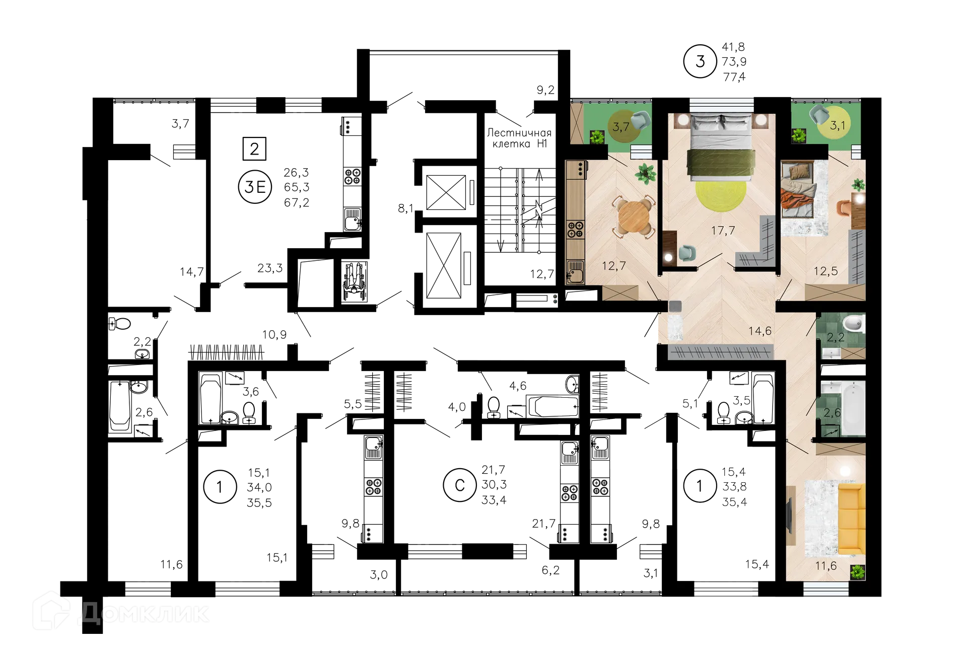 Планировка 3-комнатной квартиры 77.4 м² в ЖК Лето, г. Воронеж — фото 2