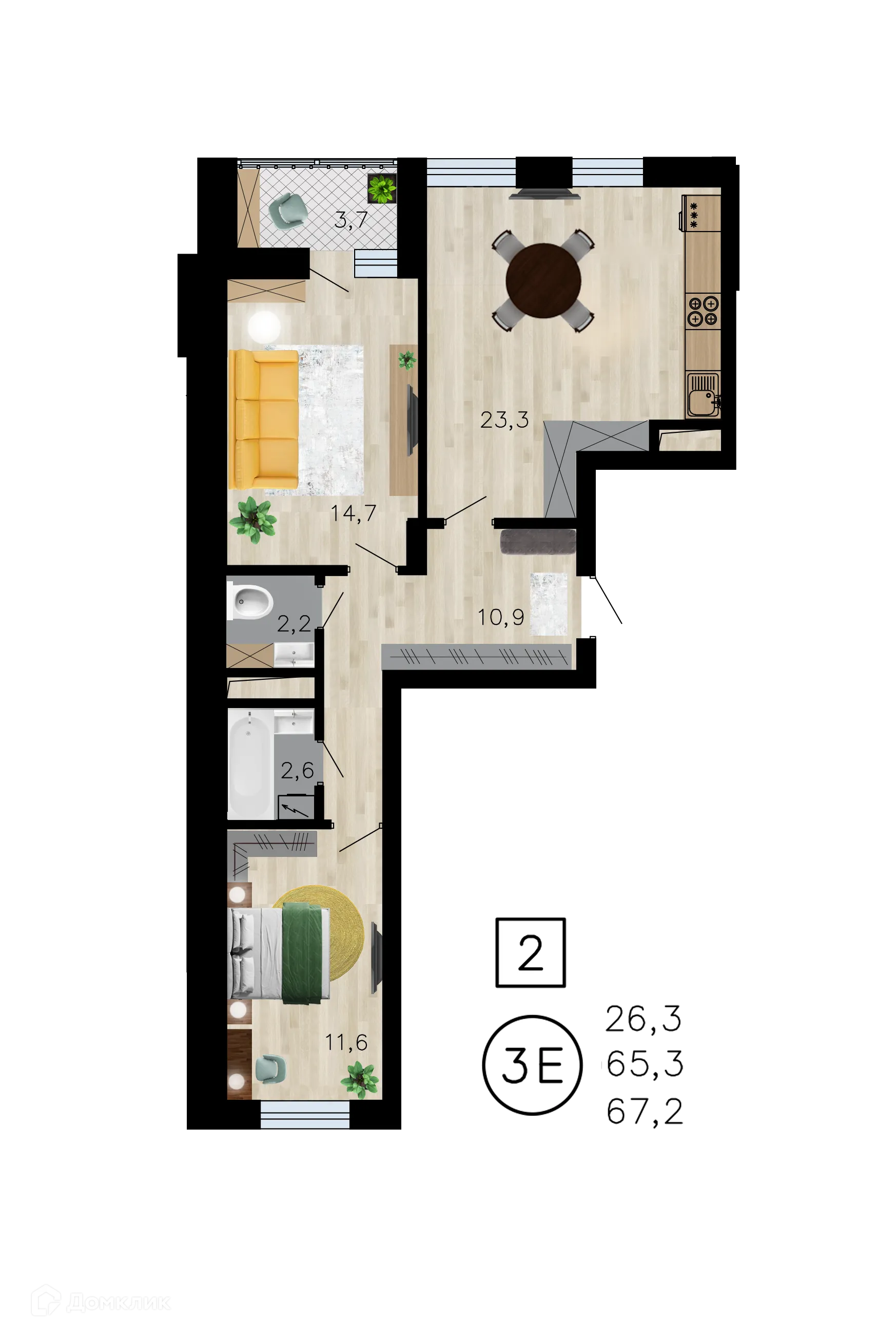 Планировка 3-комнатной квартиры 67.2 м² в ЖК Лето, г. Воронеж — фото 1