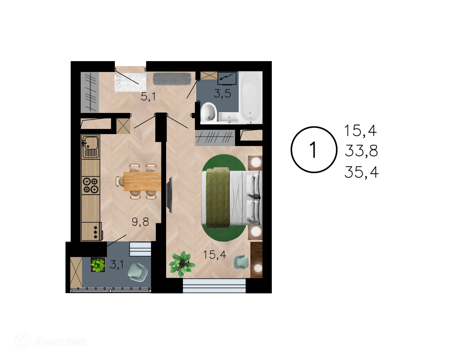 Планировка 1-комнатной квартиры 35.4 м² в ЖК Лето, г. Воронеж — фото 1