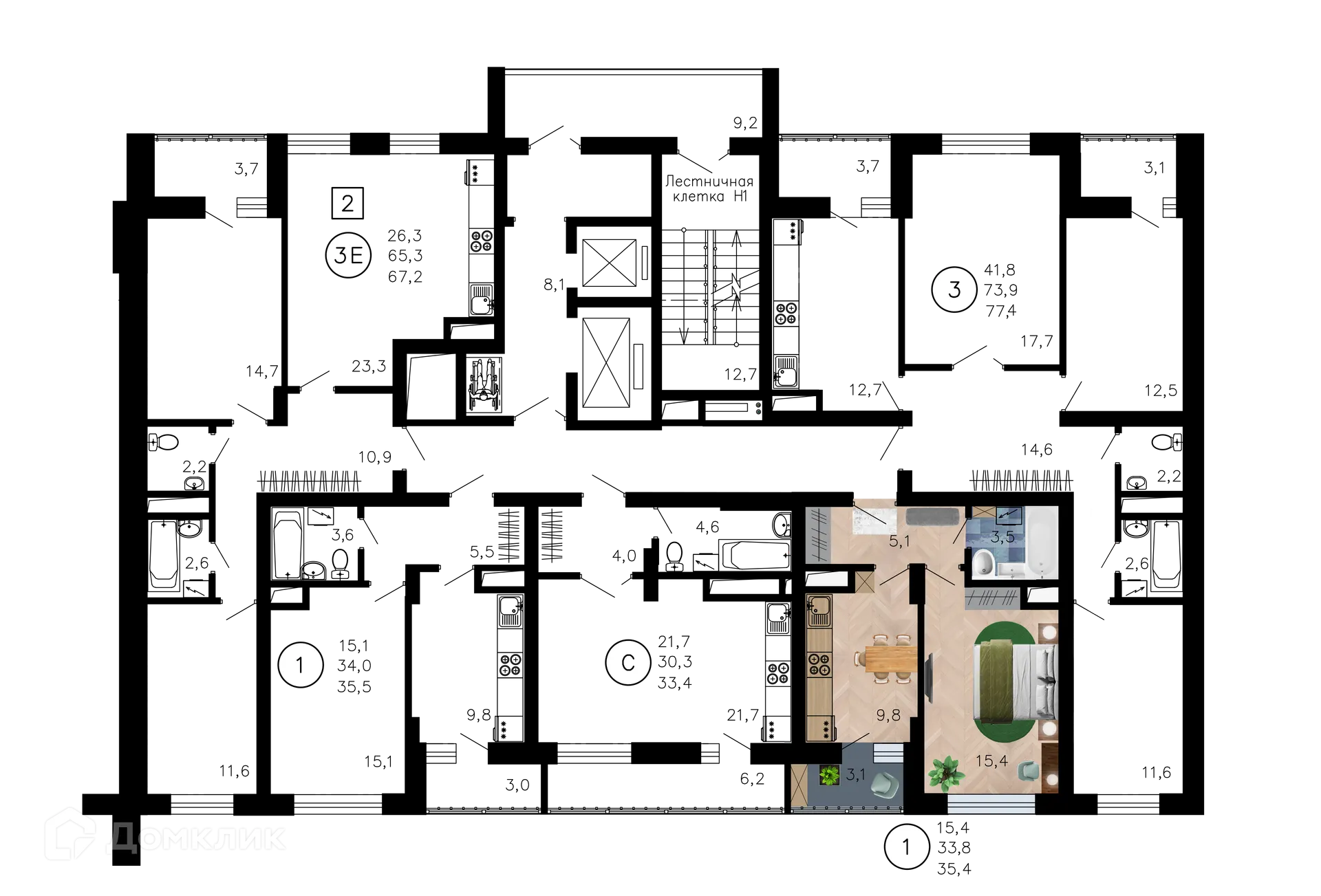 Планировка 1-комнатной квартиры 35.4 м² в ЖК Лето, г. Воронеж — фото 2