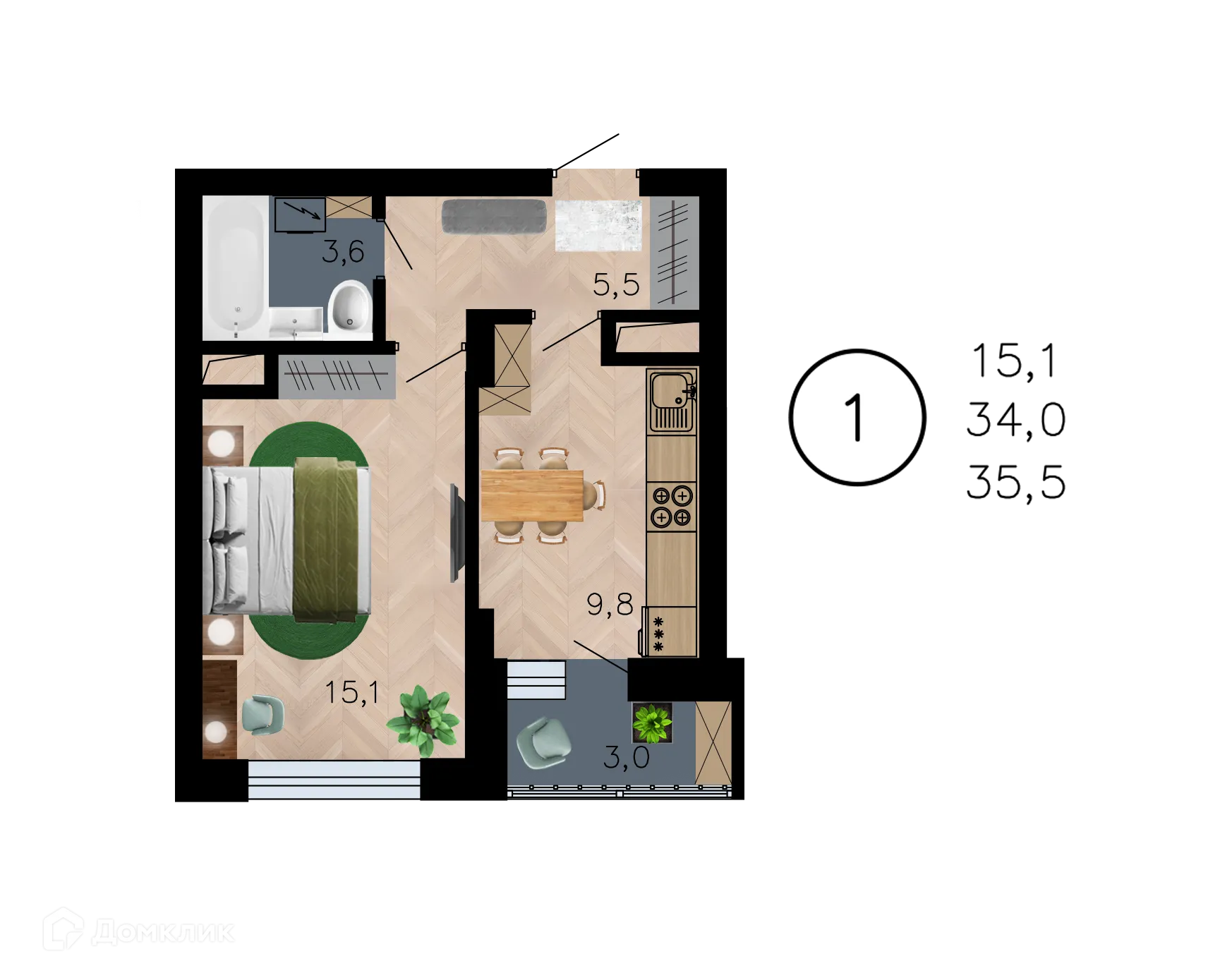 Планировка 1-комнатной квартиры 35.5 м² в ЖК Лето, г. Воронеж — фото 1