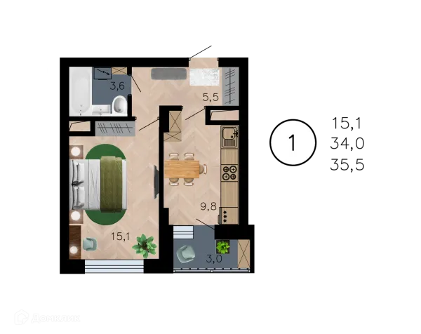 Планировка 1 комн. в ЖК Лето