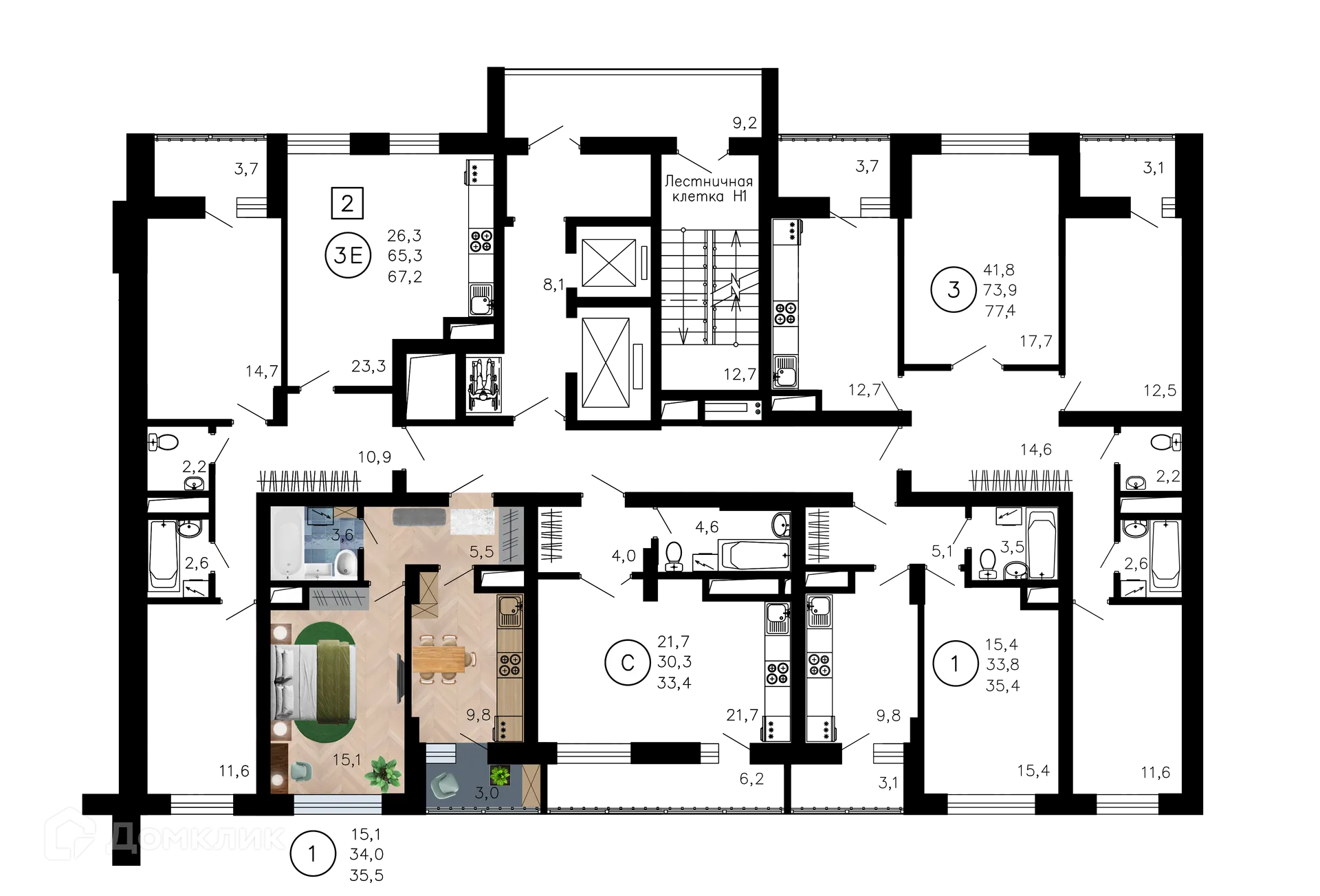 Планировка 1-комнатной квартиры 35.5 м² в ЖК Лето, г. Воронеж — фото 2