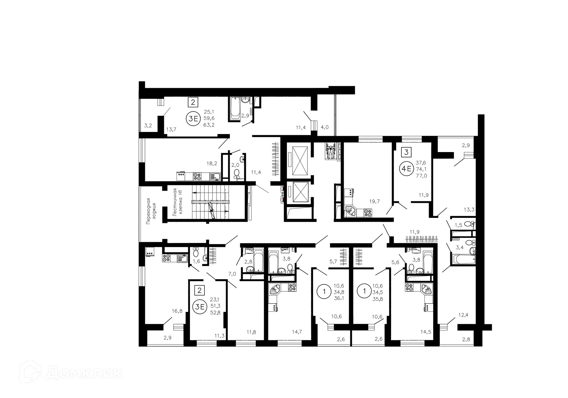 Планировка 3-комнатной квартиры 77 м² в ЖК Лето, г. Воронеж — фото 7