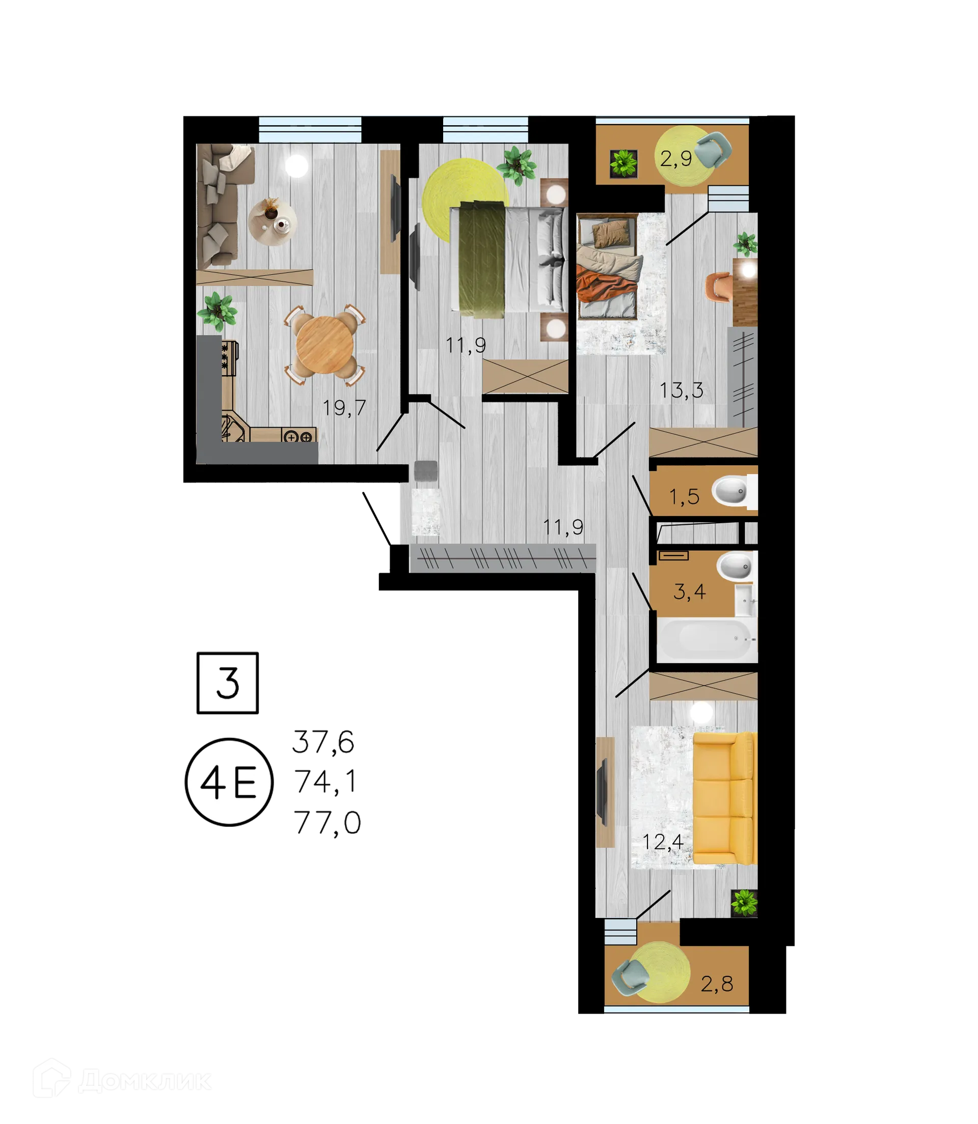 Планировка 4-комнатной квартиры 77 м² в ЖК Лето, г. Воронеж — фото 1