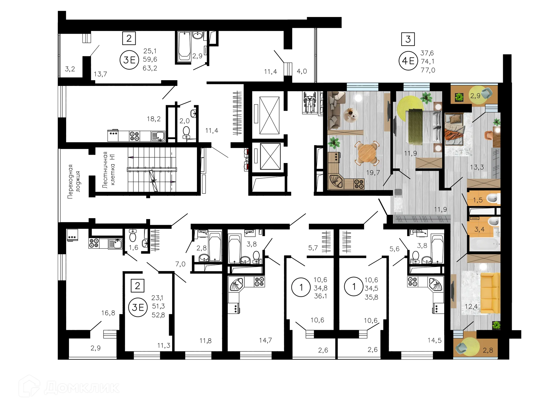 Планировка 4-комнатной квартиры 77 м² в ЖК Лето, г. Воронеж — фото 2