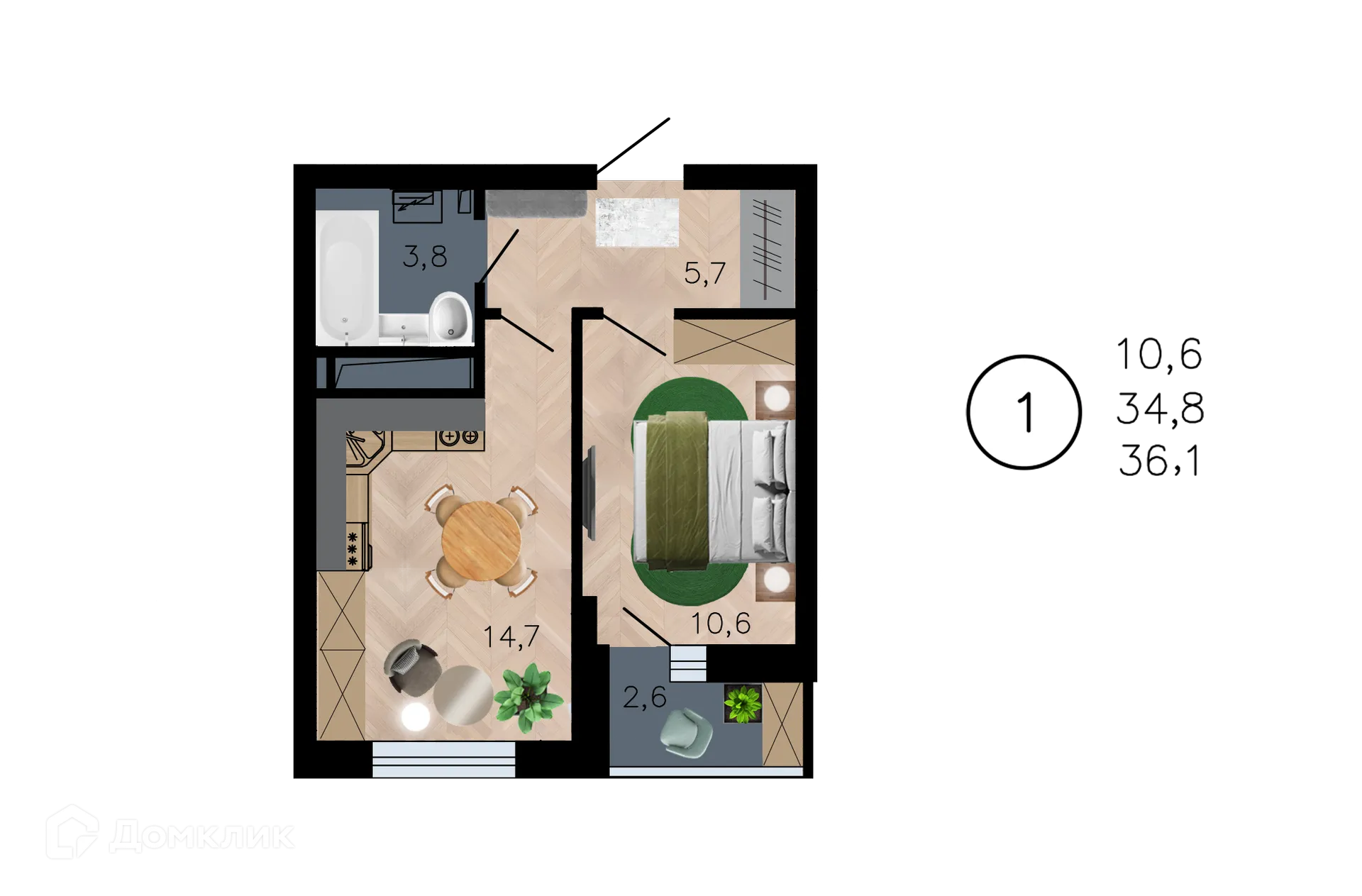 Планировка 1-комнатной квартиры 36.1 м² в ЖК Лето, г. Воронеж — фото 1
