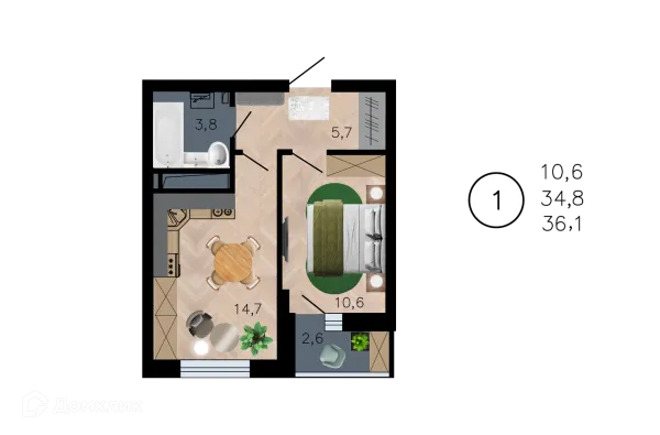 Планировка 1 комн. в ЖК Лето