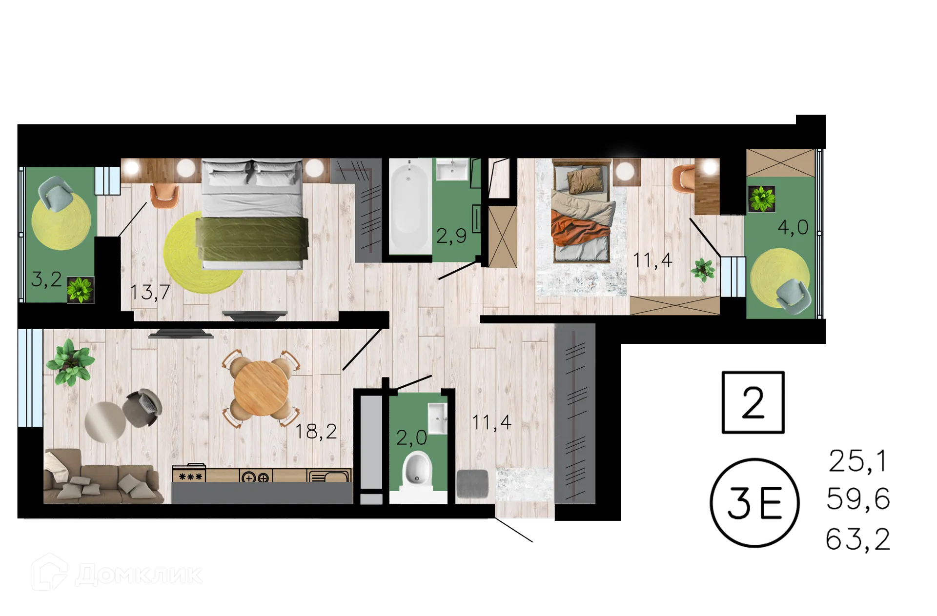 Планировка 2-комнатной квартиры 63.2 м² в ЖК Лето, г. Воронеж — фото 1