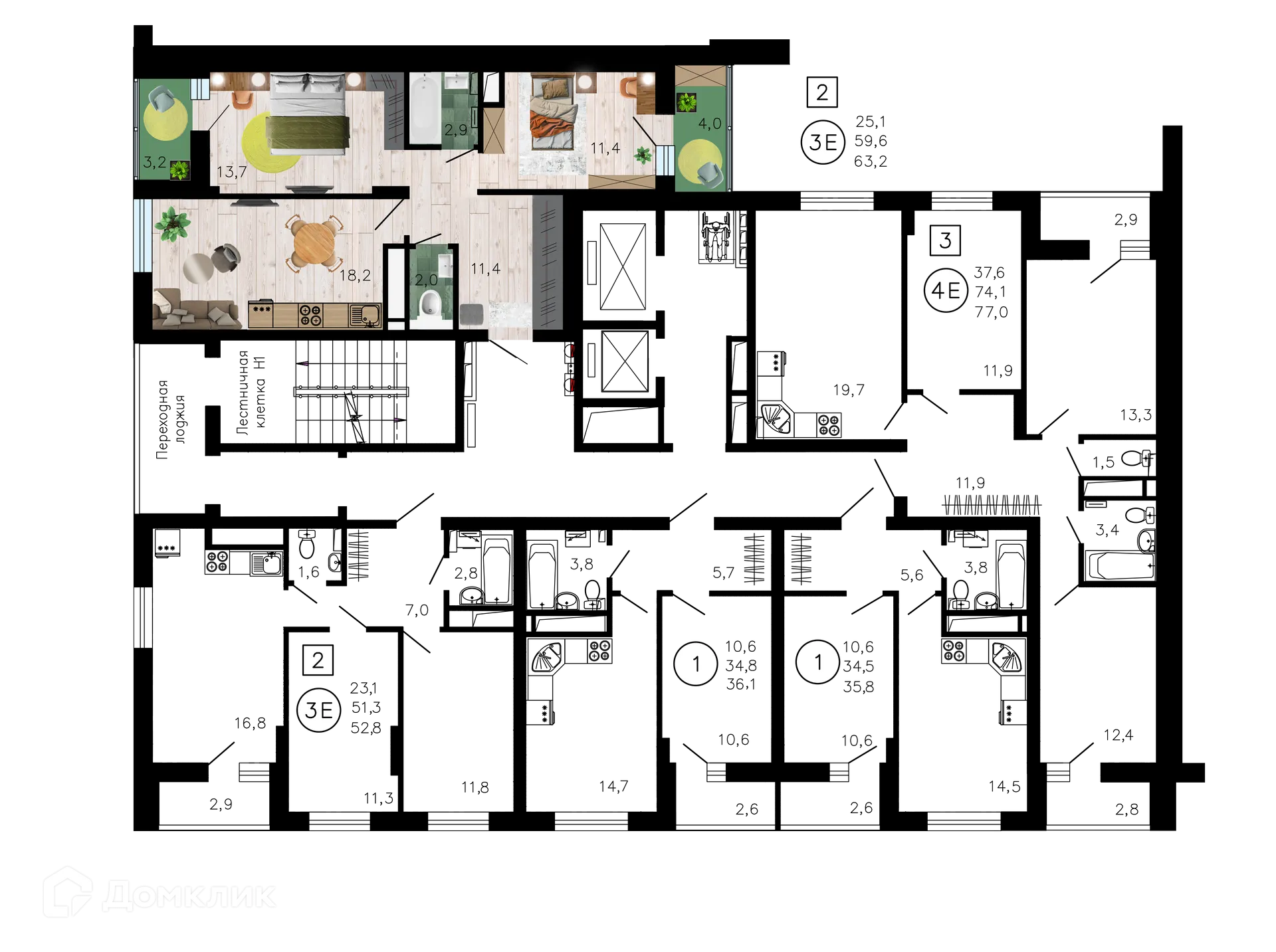 Планировка 2-комнатной квартиры 63.2 м² в ЖК Лето, г. Воронеж — фото 2