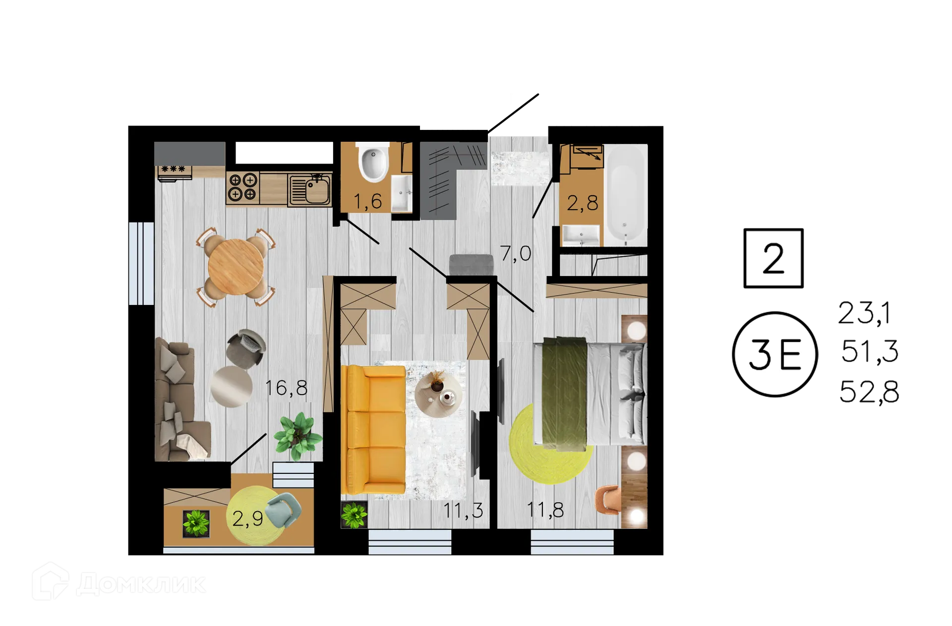 Планировка 2-комнатной квартиры 52.8 м² в ЖК Лето, г. Воронеж — фото 1