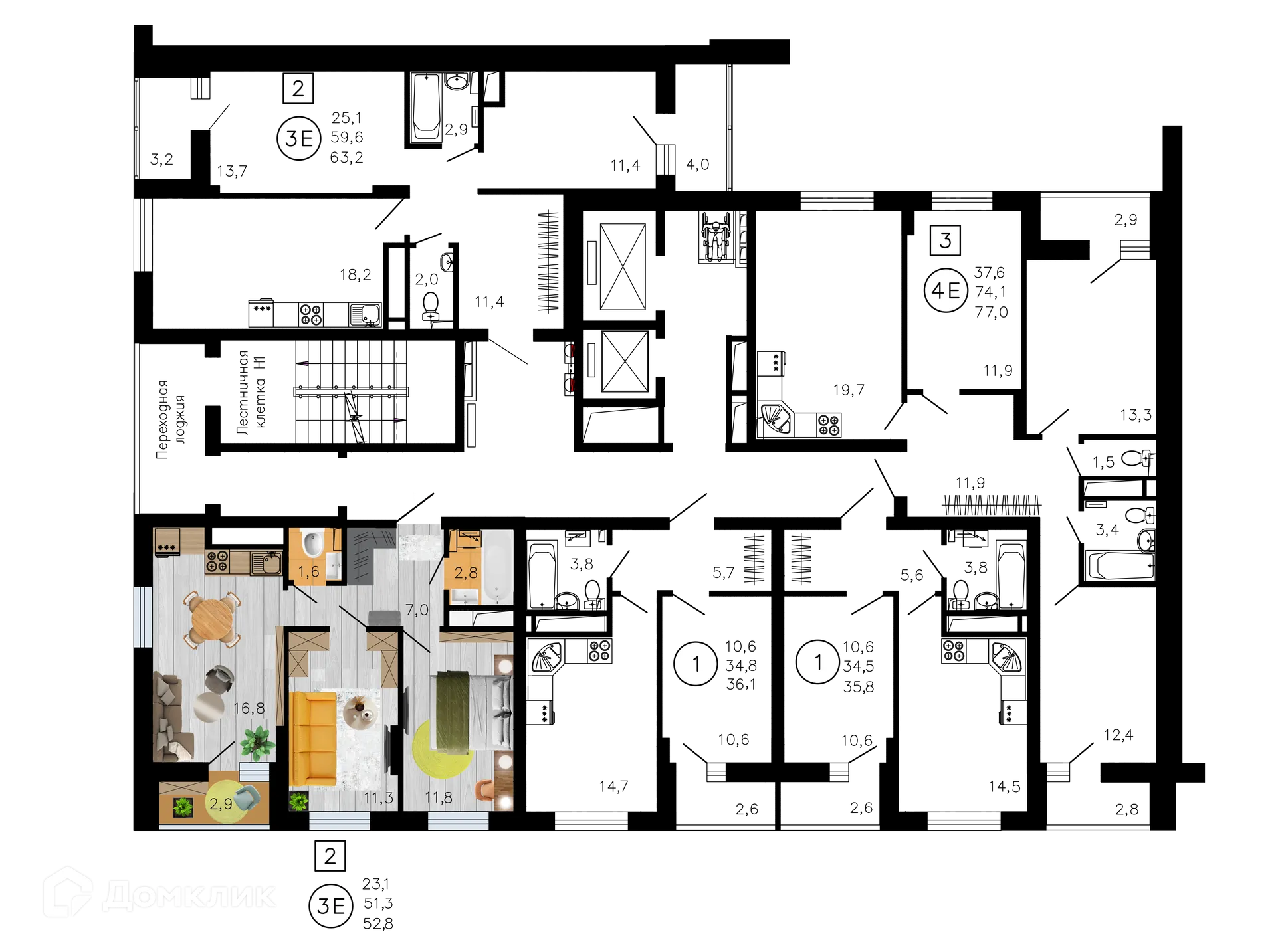 Планировка 2-комнатной квартиры 52.8 м² в ЖК Лето, г. Воронеж — фото 2