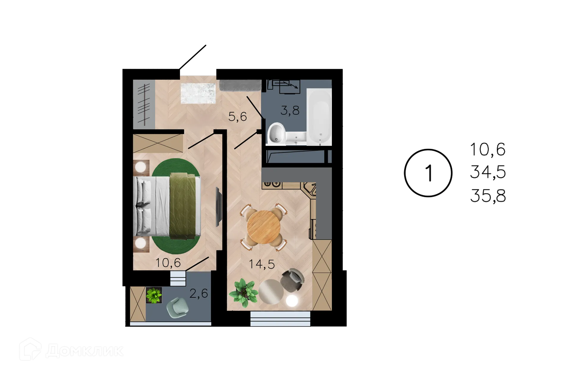 Планировка 1-комнатной квартиры 35.8 м² в ЖК Лето, г. Воронеж — фото 1
