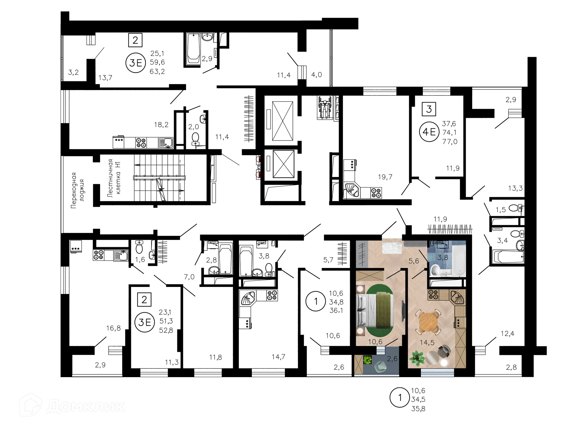 Планировка 1-комнатной квартиры 35.8 м² в ЖК Лето, г. Воронеж — фото 2