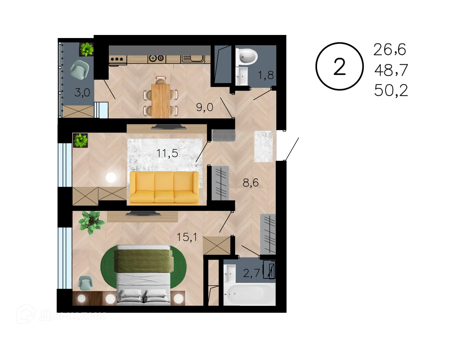 Планировка 2-комнатной квартиры 50.2 м² в ЖК Лето, г. Воронеж — фото 1