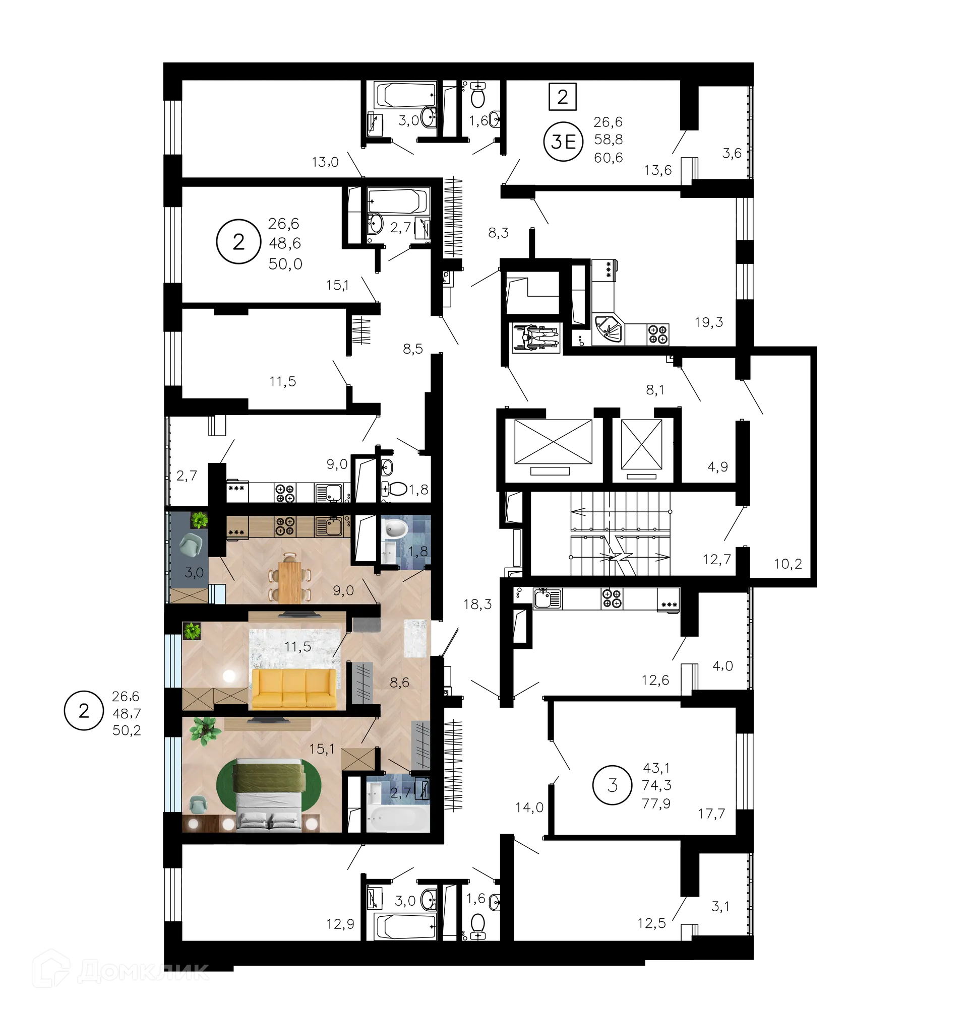 Планировка 2-комнатной квартиры 50.2 м² в ЖК Лето, г. Воронеж — фото 2
