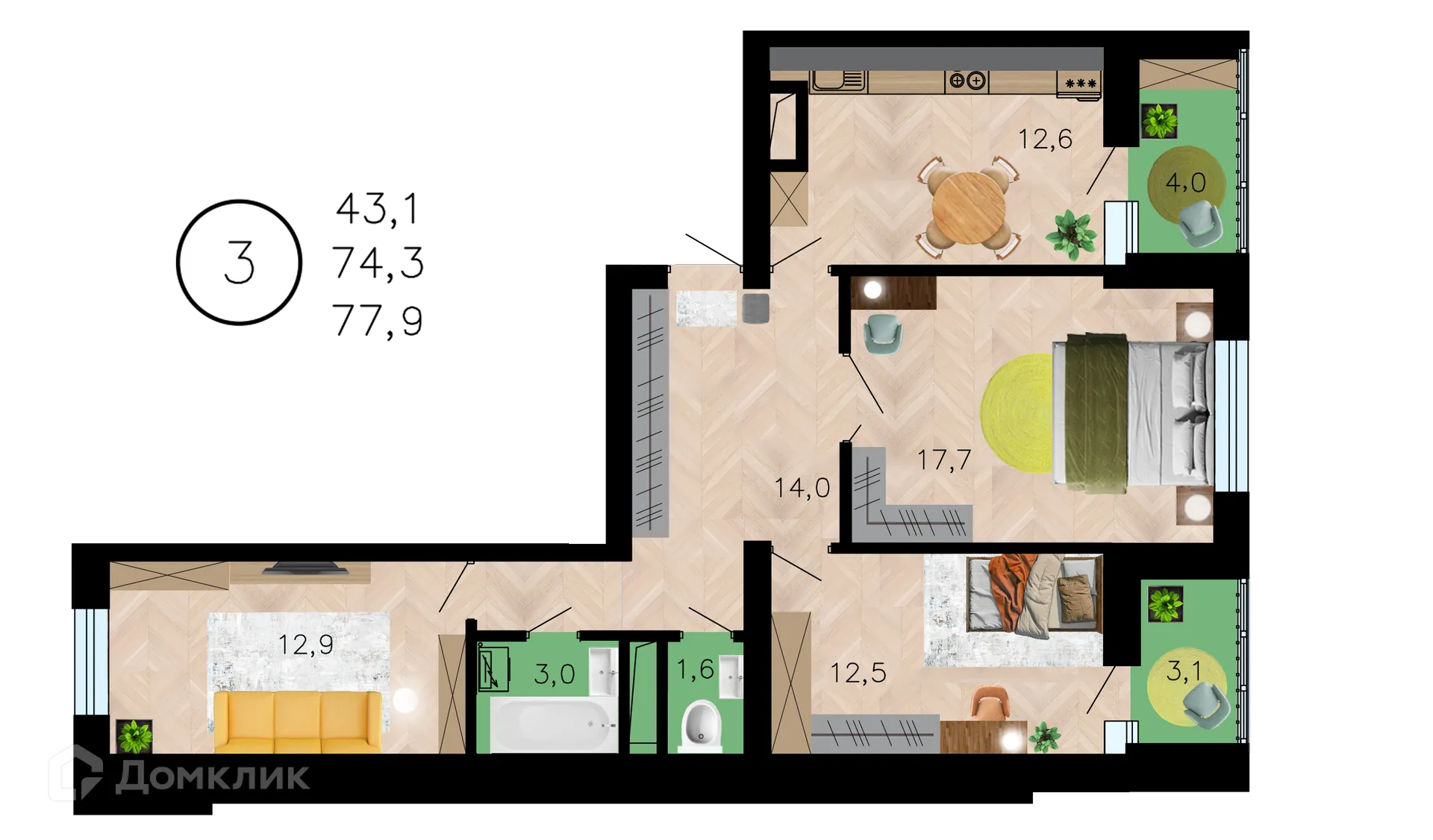 Планировка 3-комнатной квартиры 77.9 м² в ЖК Лето, г. Воронеж — фото 1