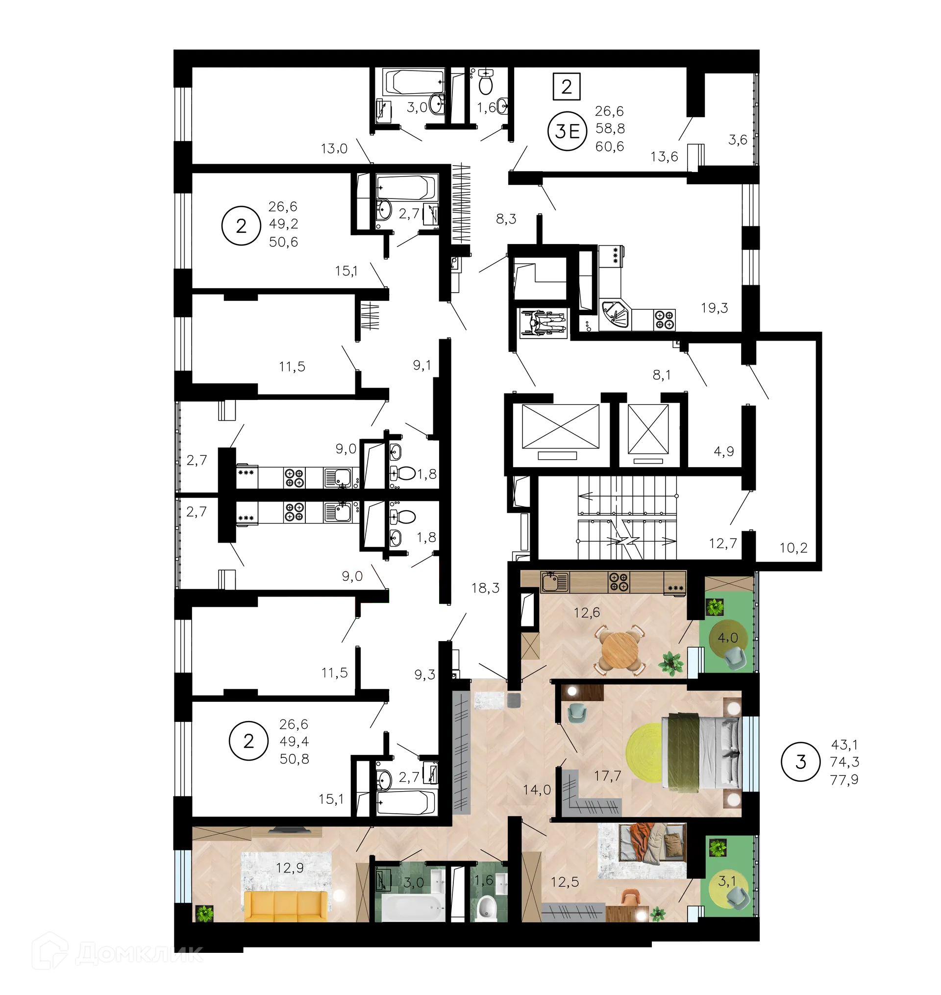Планировка 3-комнатной квартиры 77.9 м² в ЖК Лето, г. Воронеж — фото 2