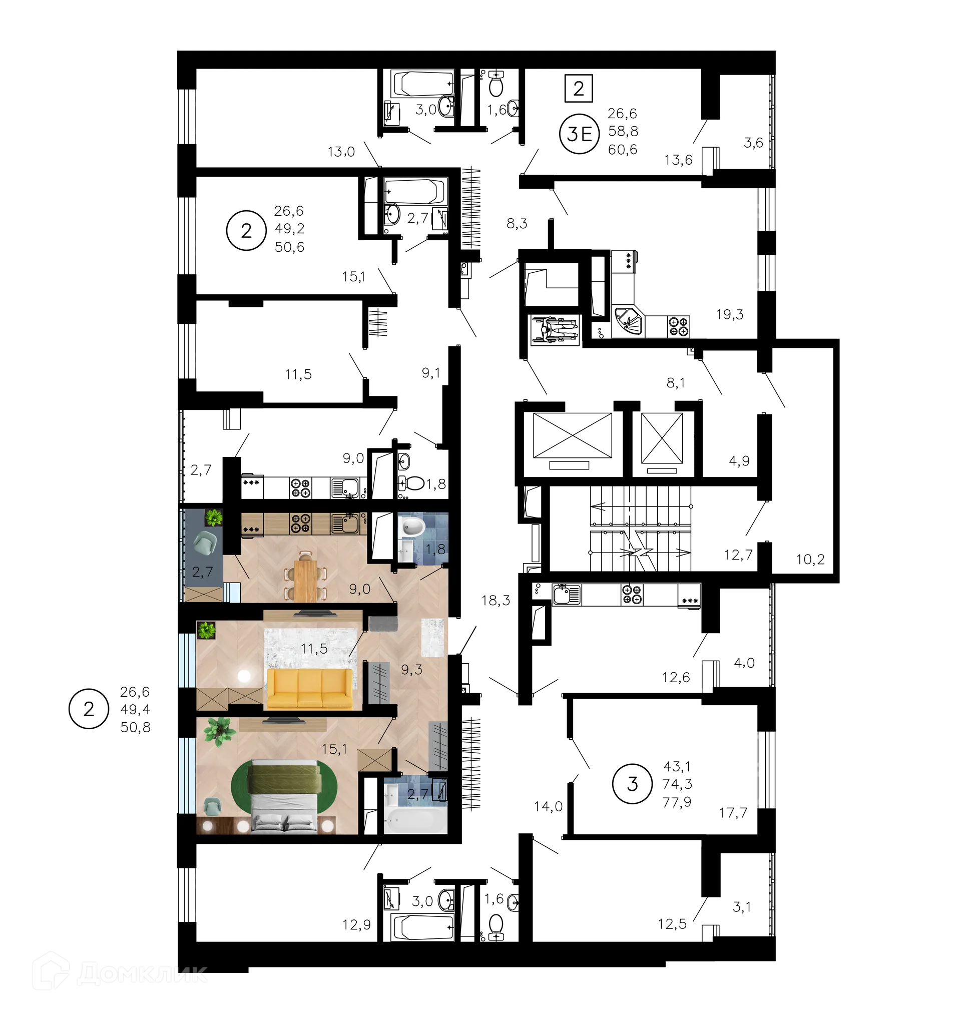 Планировка 2-комнатной квартиры 50.8 м² в ЖК Лето, г. Воронеж — фото 2