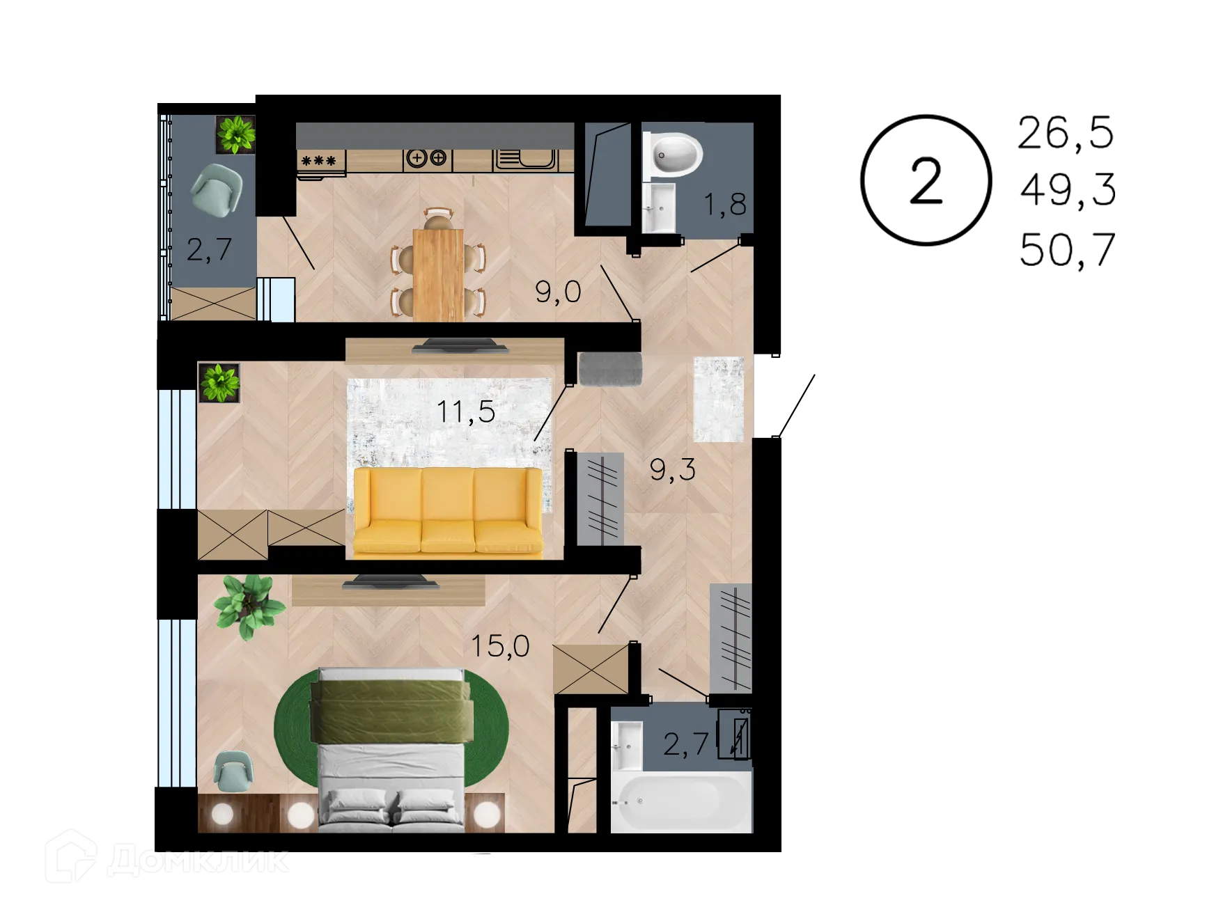Планировка 2-комнатной квартиры 50.7 м² в ЖК Лето, г. Воронеж — фото 1