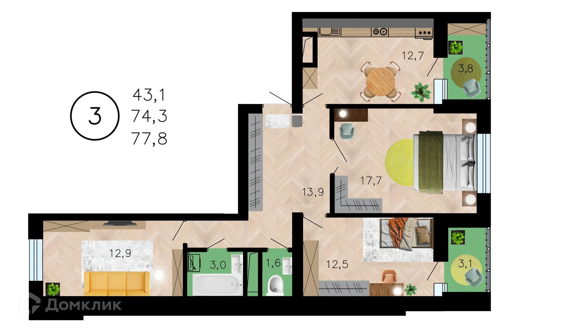 Планировка 3-комнатной квартиры 77.8 м² в ЖК Лето, г. Воронеж — фото 1