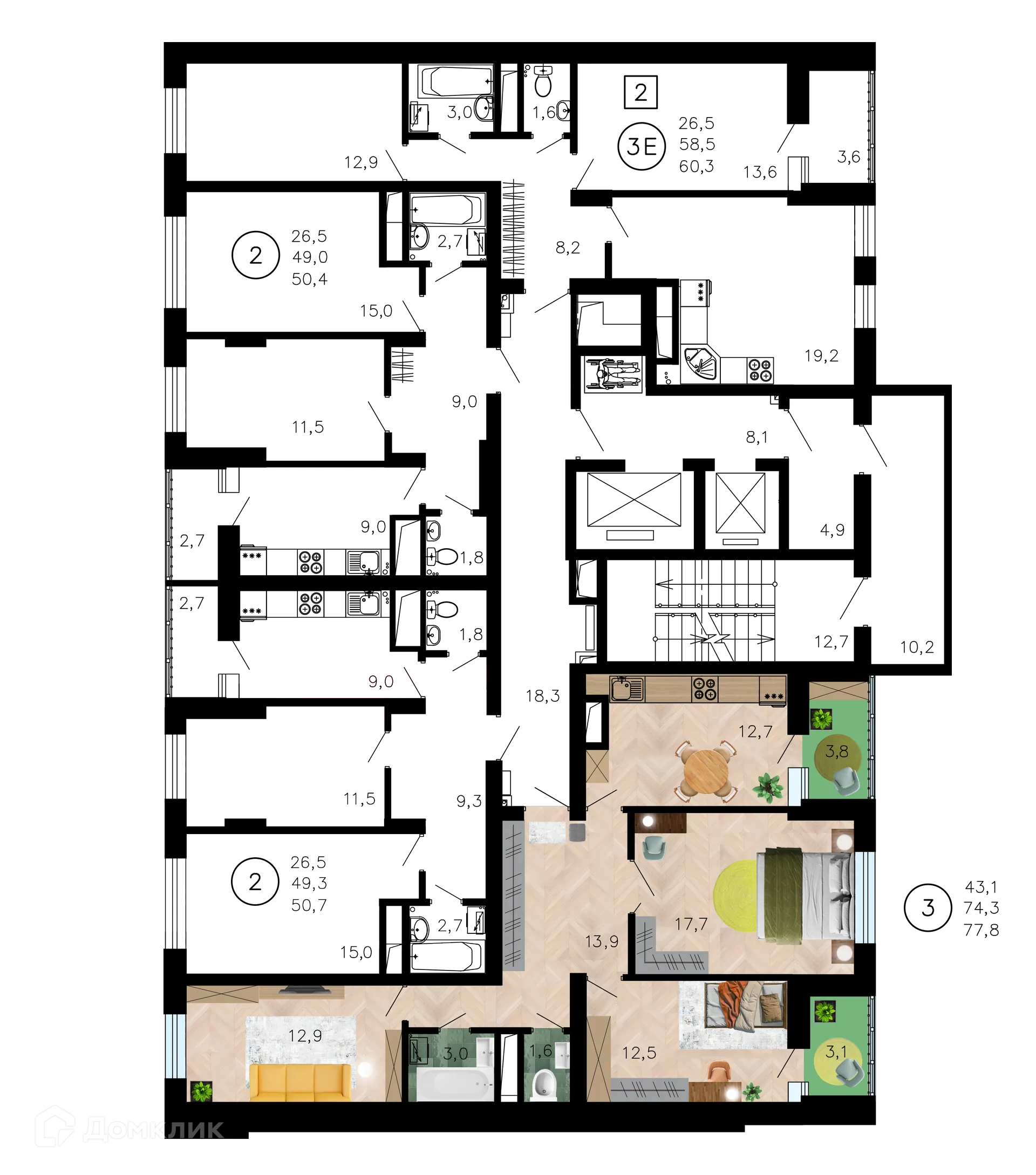 Планировка 3-комнатной квартиры 77.8 м² в ЖК Лето, г. Воронеж — фото 2