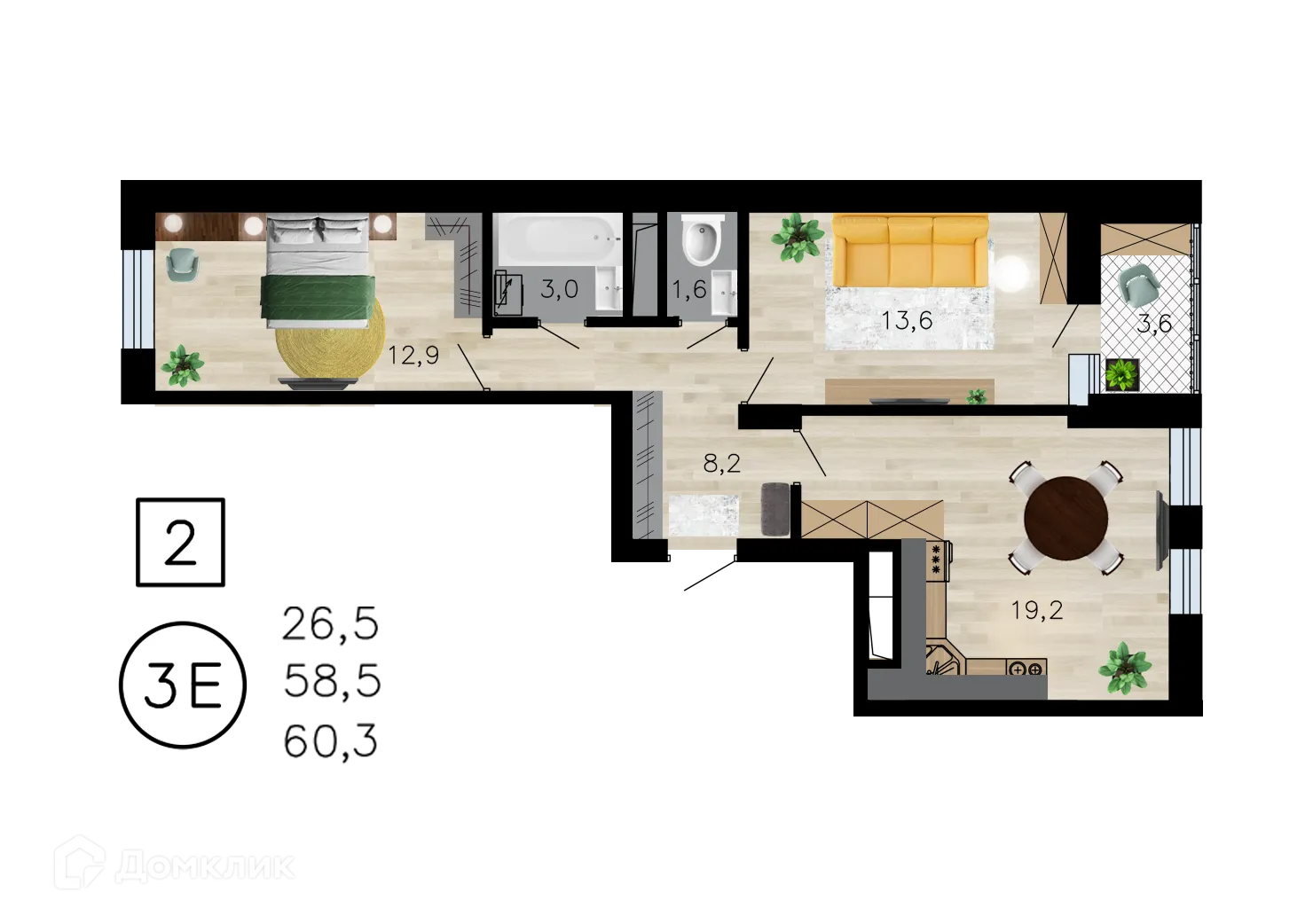Планировка 2-комнатной квартиры 60.3 м² в ЖК Лето, г. Воронеж — фото 1