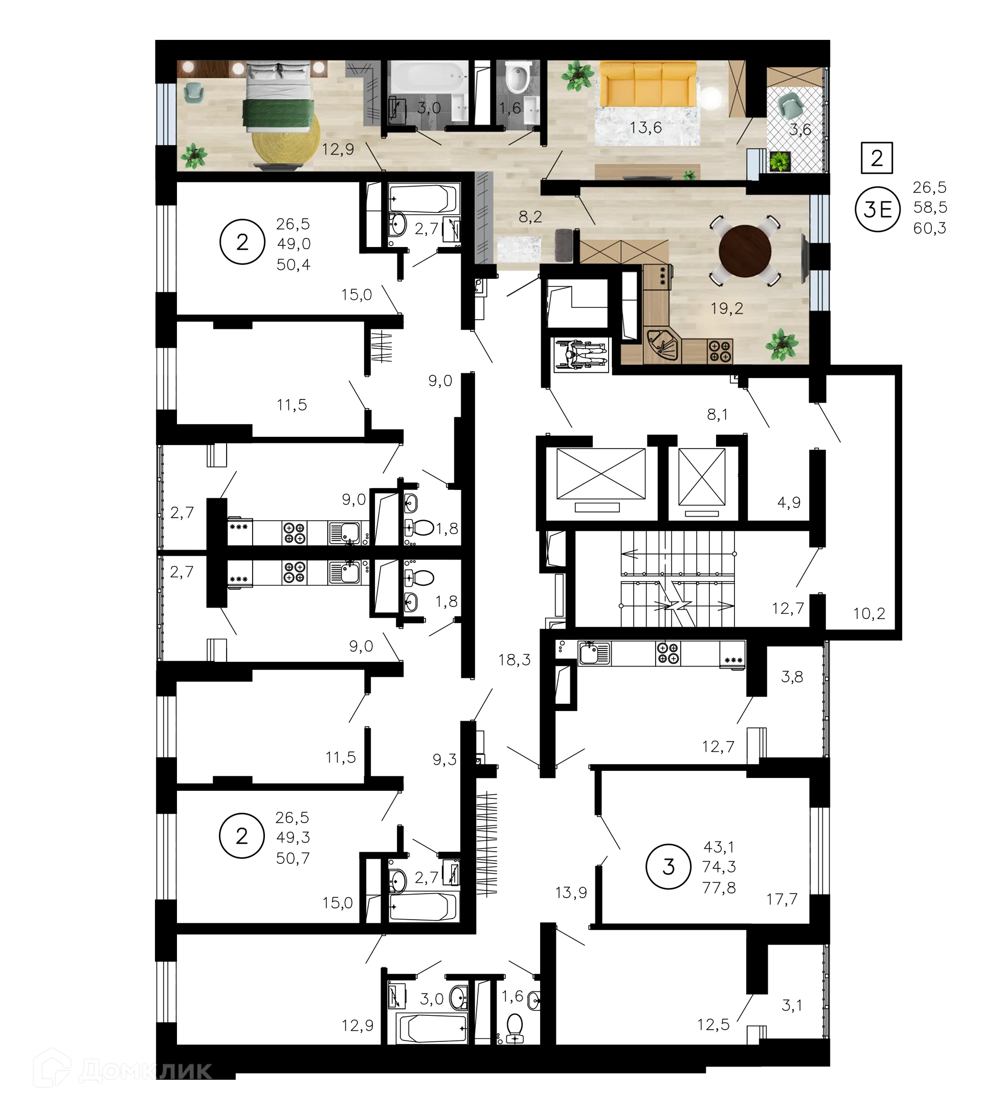 Планировка 2-комнатной квартиры 60.3 м² в ЖК Лето, г. Воронеж — фото 2