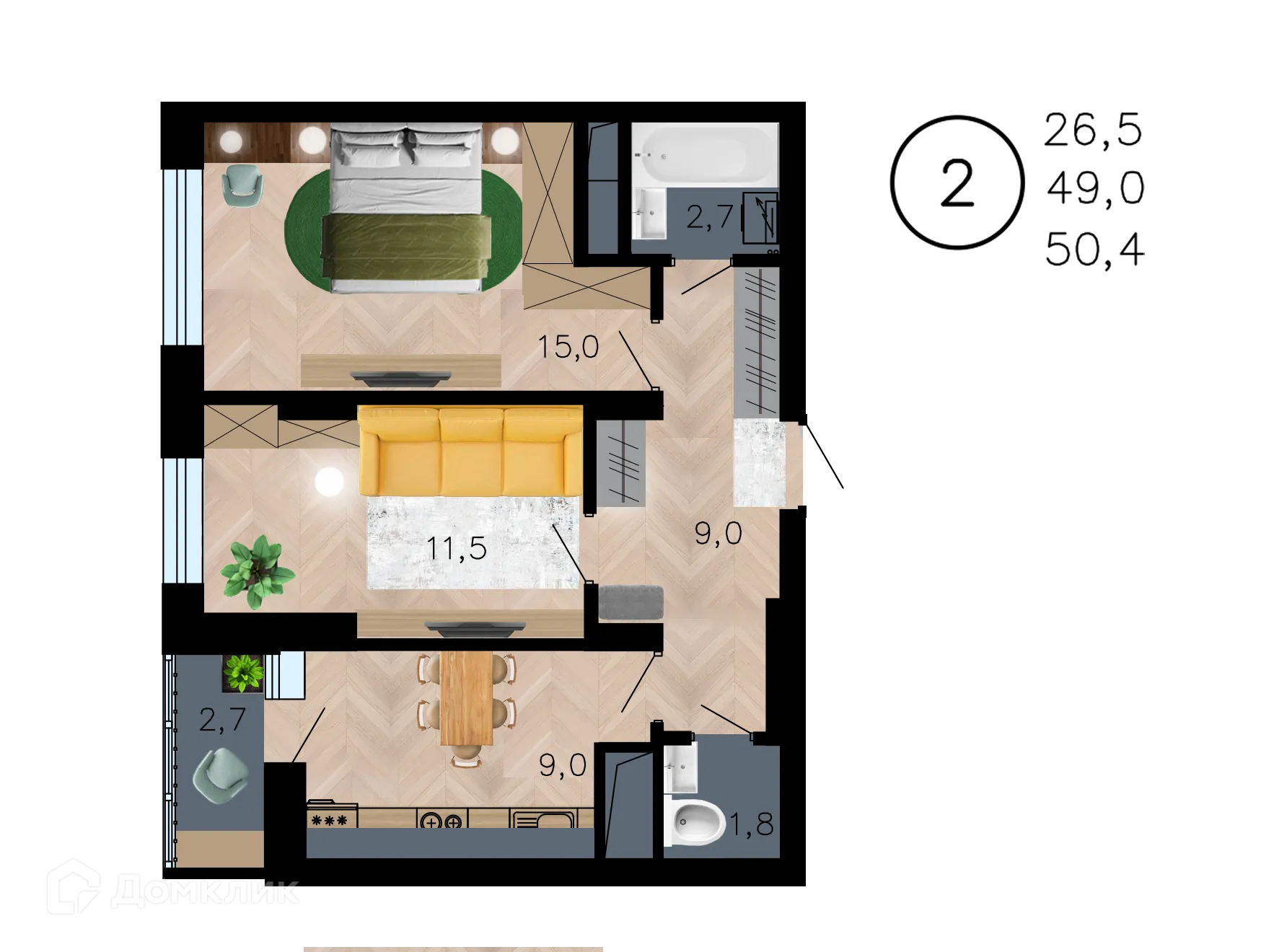 Планировка 2-комнатной квартиры 50.4 м² в ЖК Лето, г. Воронеж — фото 1