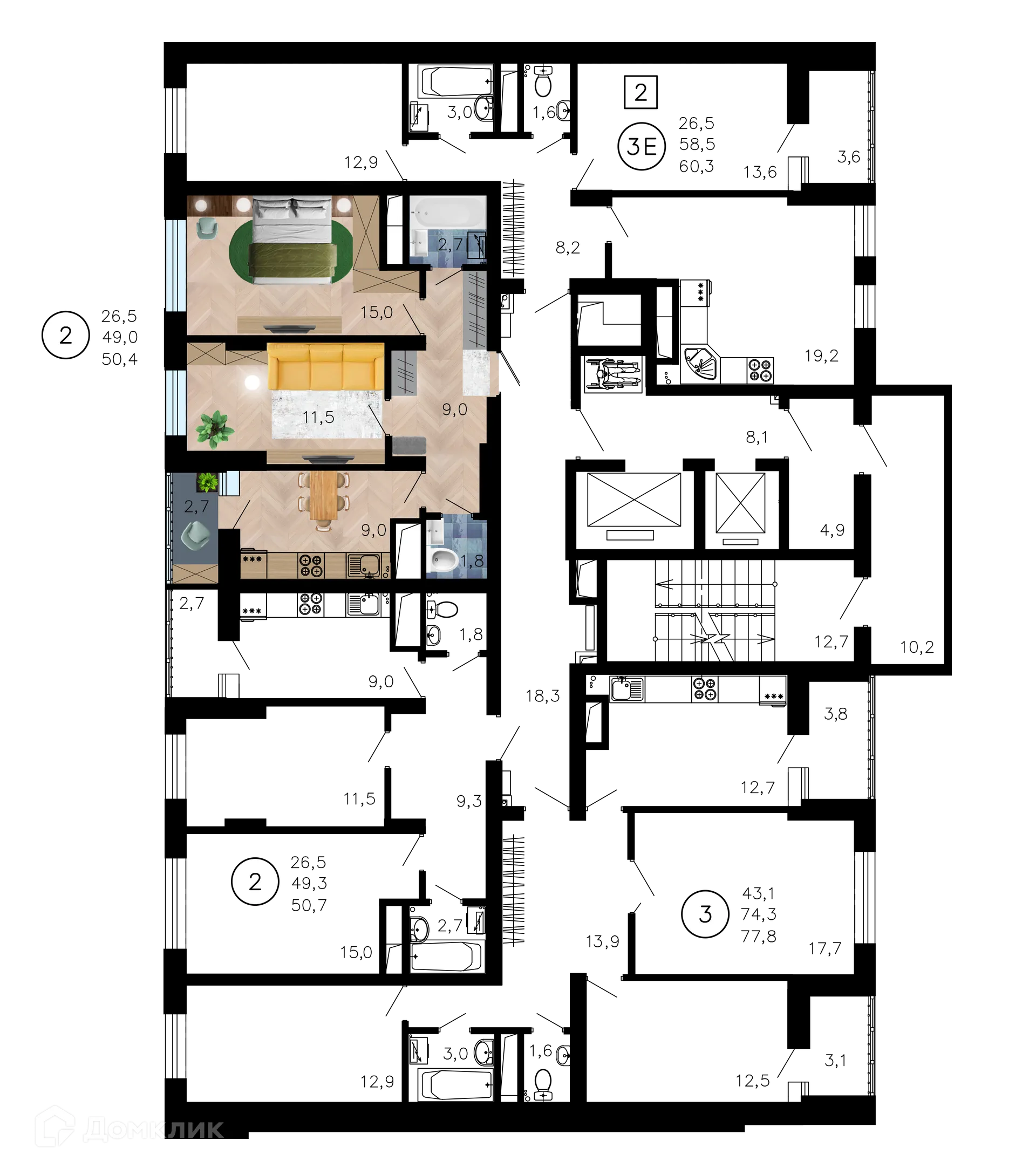 Планировка 2-комнатной квартиры 50.4 м² в ЖК Лето, г. Воронеж — фото 2