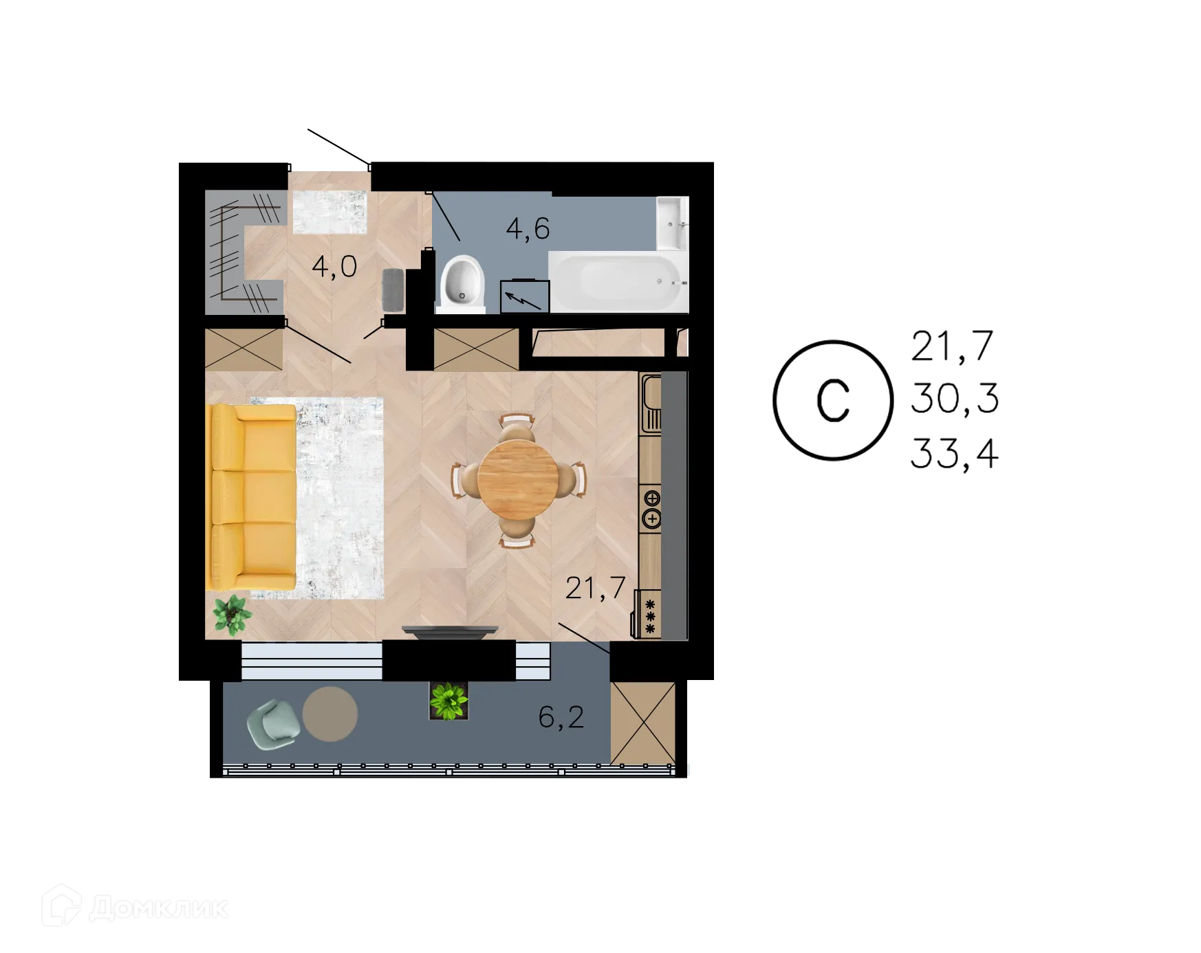 Планировка студии квартиры 33.4 м² в ЖК Лето, г. Воронеж — фото 1