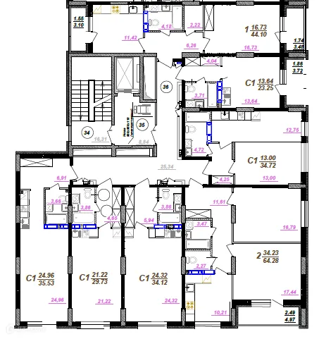 Планировка 2-комнатной квартиры 64.28 м² в ЖК Победа поз. 3, г. Воронеж — фото 2