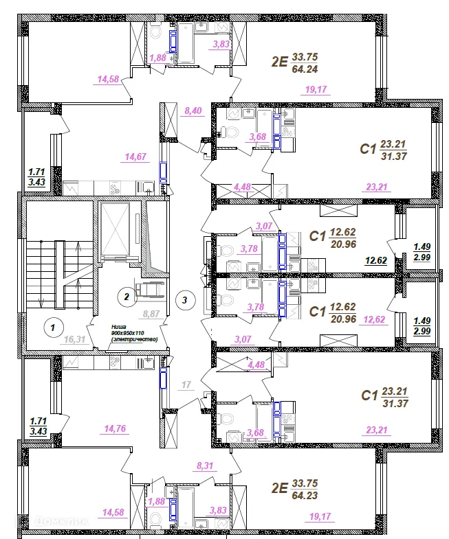 Планировка 2-комнатной квартиры 64.24 м² в ЖК Победа поз. 3, г. Воронеж — фото 2