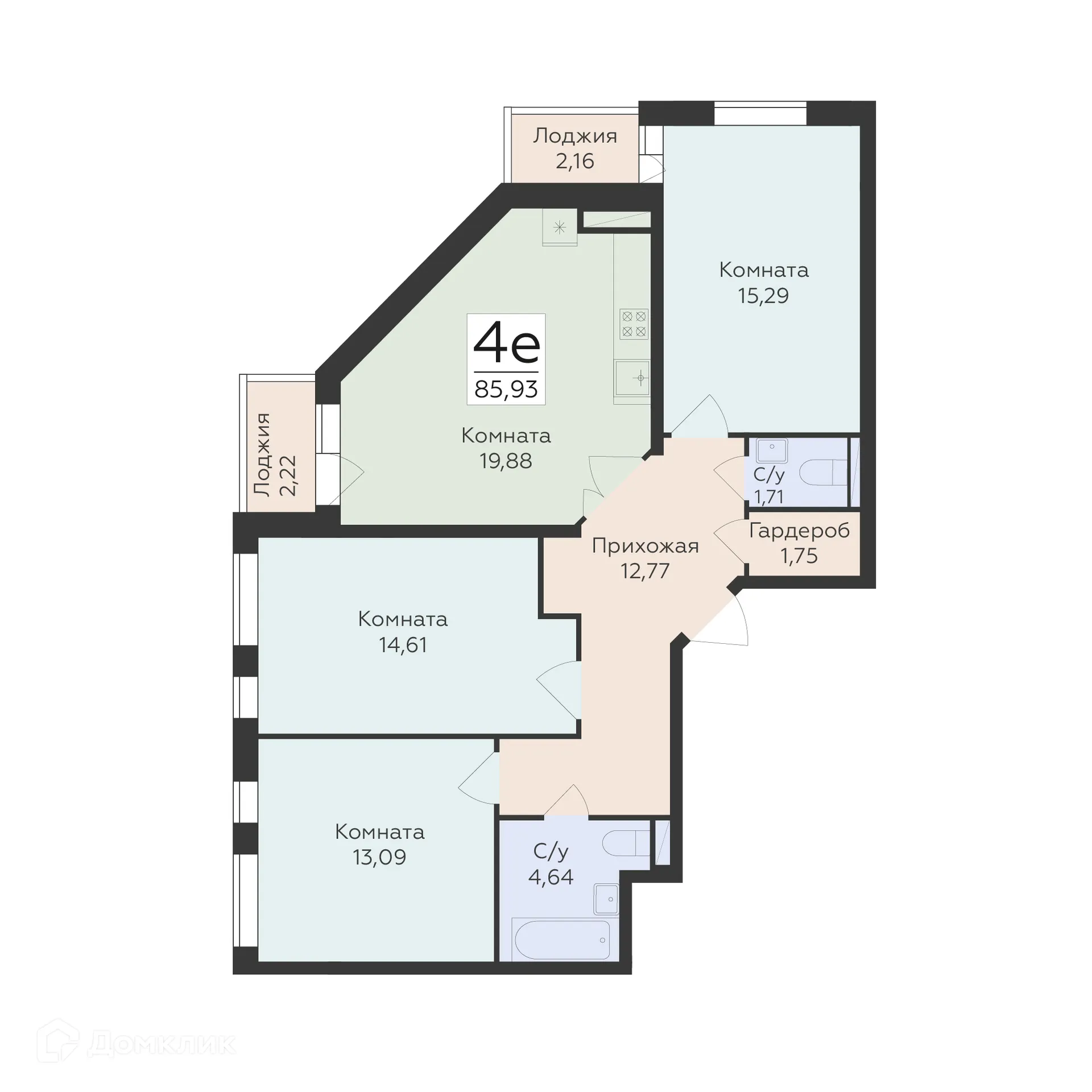 Планировка 4-комнатной квартиры 85.93 м² в ЖК "Квартал-45", г. Воронеж — фото 1