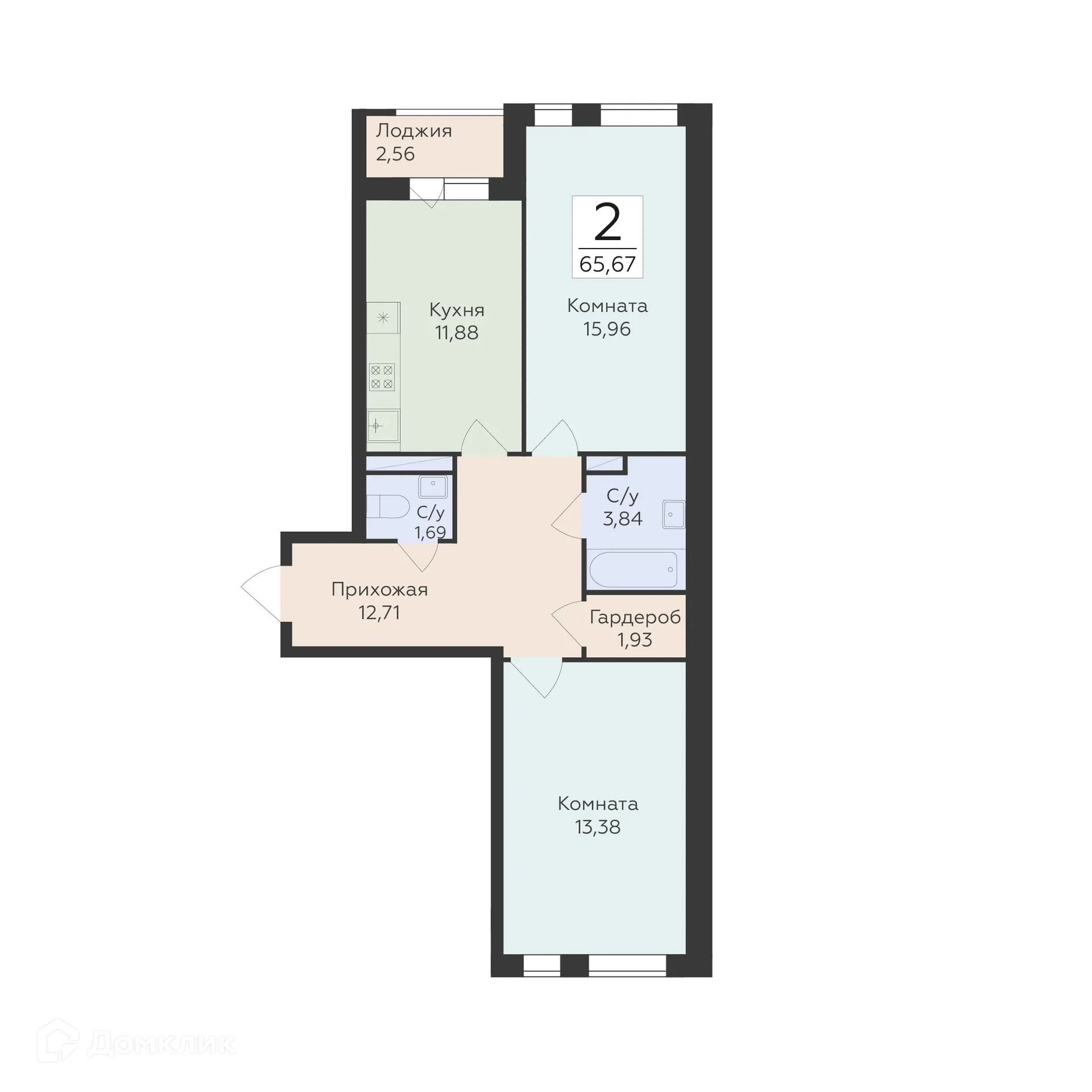 Планировка 2-комнатной квартиры 65.67 м² в ЖК "Квартал-45", г. Воронеж — фото 1