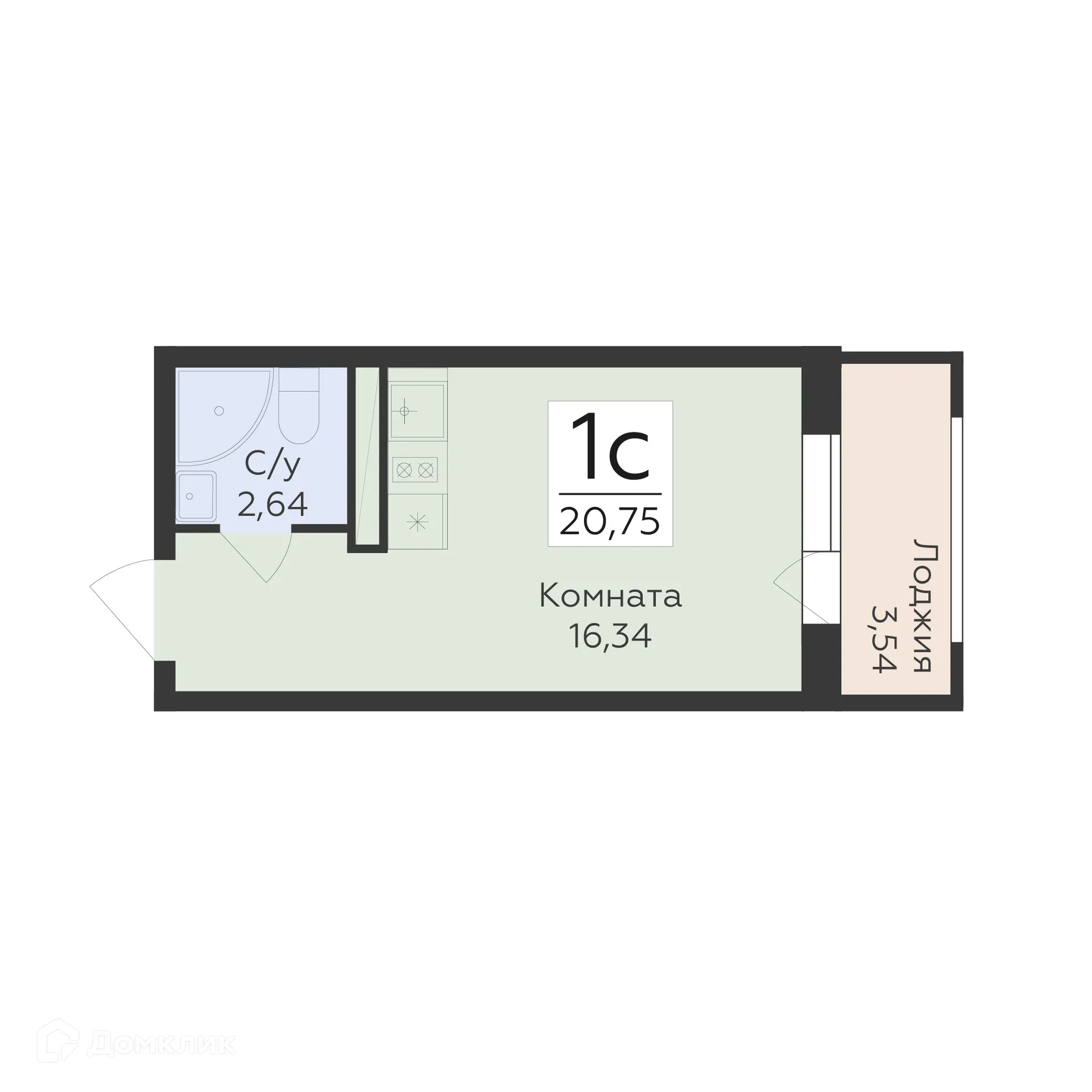 Планировка 1-комнатной квартиры 20.75 м² в ЖК "Квартал-45", г. Воронеж — фото 1