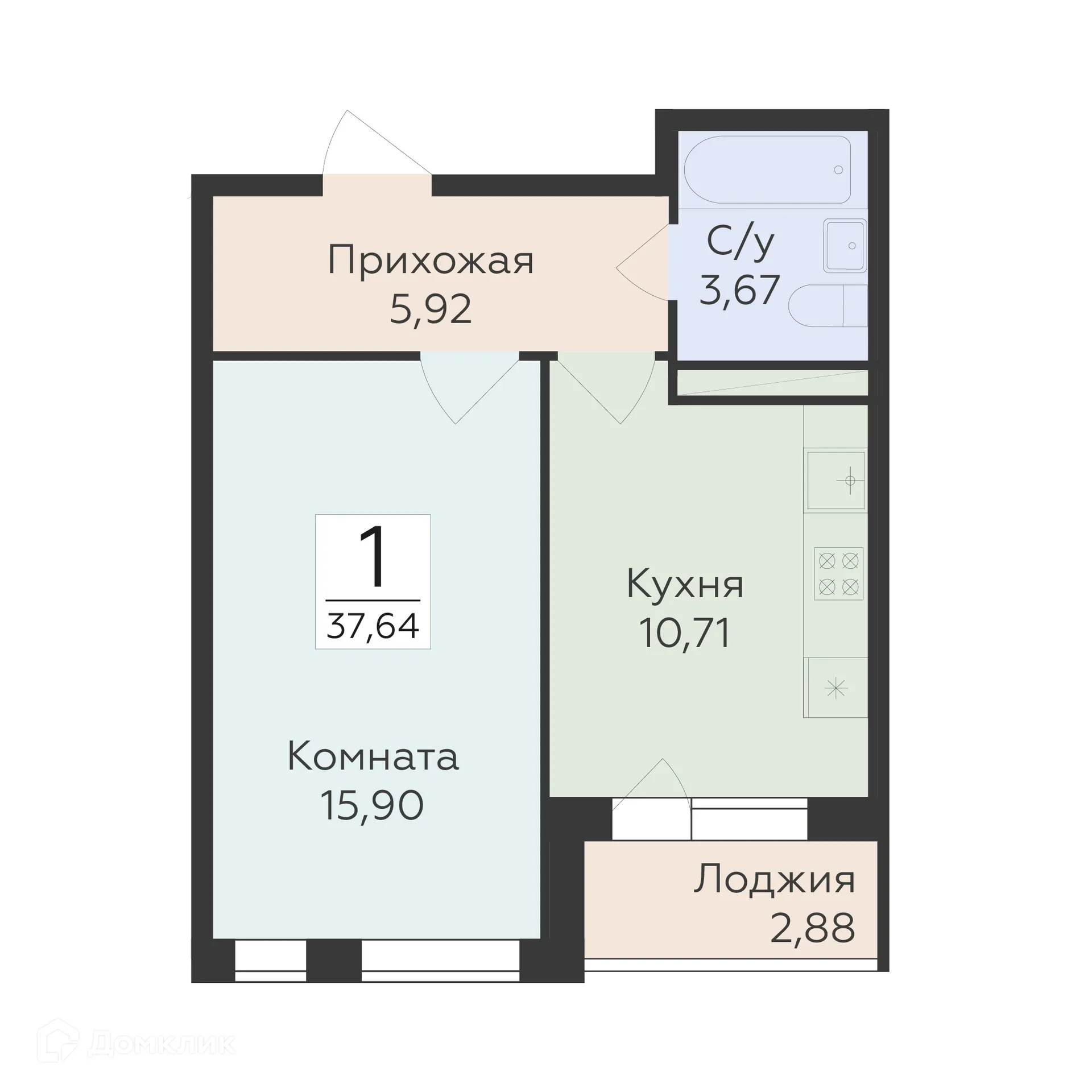 Планировка 1-комнатной квартиры 37.64 м² в ЖК "Квартал-45", г. Воронеж — фото 1
