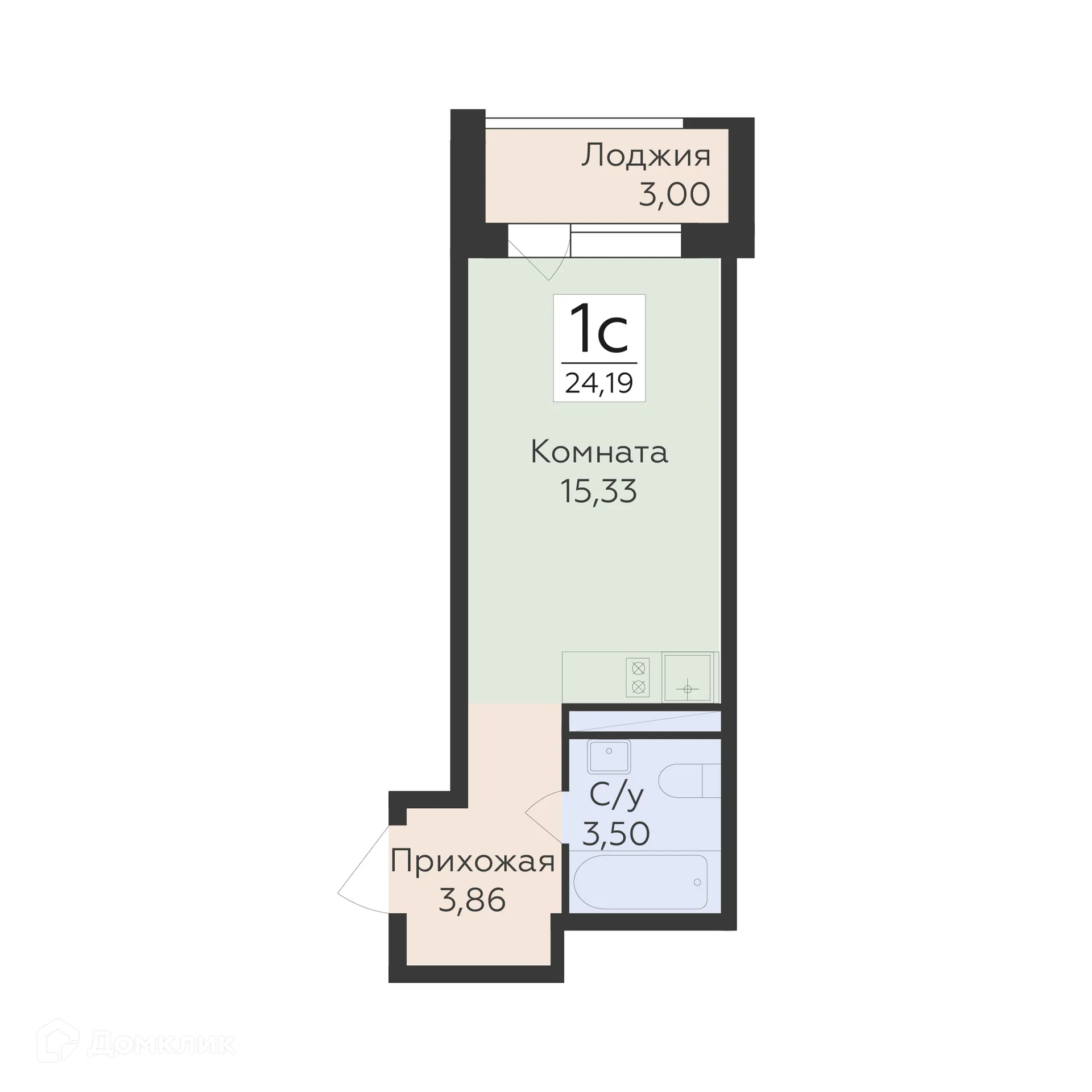 Планировка 1-комнатной квартиры 24.19 м² в ЖК "Квартал-45", г. Воронеж — фото 1